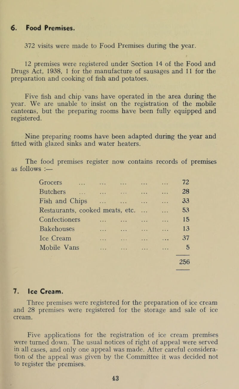 6. Food Premises. v372 visits were made to Food Premises during the year. 12 premises were registered under Section 14 of the Food and Drugs Act, 1938, 1 for the manufacture of sausages and 11 for the preparation and cooking of fish and potatoes. Five fish and chip vans have operated in the area during the year. We are unable to insist on the registration of the mobile canteens, but the preparing rooms have been fully equipped and registered. Nine preparing rooms have been adapted during the year and fitted with glazed sinks and water heaters. The food premises register now contains records of premises as follows :— Grocers Butchers Fish and Chips Restaurants, cooked meats, etc. Confectioners Bakehouses Ice Cream Mobile Vans 72 28 33 53 15 13 37 5 256 7. Ice Cream. Three premises were registered for the preparation of ice cream and 28 premises were registered for the storage and sale of ice cream. Five applications for the registration of ice cream premises were turned down. The usual notices of right of appeal were served in all cases, and only one appeal was made. After careful considera- tion o.f the appeal was given by the Committee it was decided not to register the premises.