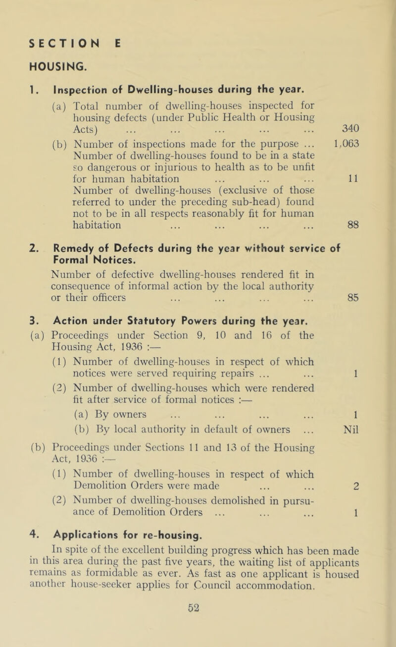 HOUSING. 1. Inspection of Dwelling-houses during the year. (a) Total number of dwelling-houses inspected for housing defects (under Public Health or Housing Acts) ... ... ... ... ... 340 (b) Number of inspections made for the purpose ... 1,063 Number of dwelling-houses found to be in a state £0 dangerous or injurious to health as to be unfit for human habitation ... ... ... II Number of dwelling-houses (exclusive of those referred to under the preceding sub-head) found not to be in all respects reasonably fit for human habitation ... ... ... ... 88 2. Remedy of Defects during the year without service of Formal Notices. Number of defective dwelling-houses rendered fit in consequence of informal action by the local authority or their officers ... ... ... ... 85 3. Action under Statutory Powers during the year. (a) Proceedings under Section 9, 10 and 16 of the Housing Act, 1936 :— (1) Number of dwelling-houses in respect of which notices were served requiring repairs ... (2) Number of dwelling-houses which were rendered fit after service of formal notices :— (a) By owners (b) By local authority in default of owners (b) Proceedings under Sections 11 and 13 of the Housing Act, 1936 :— (1) Number of dwelling-houses in respect of which Demolition Orders were made ... ... 2 (2) Number of dwelling-houses demolished in pursu- ance of Demolition Orders ... ... ... 1 4. Applications for re-housing. In spite of the excellent building progress which has been made in this area during the past five years, the waiting list of applicants remains as formidable as ever. As fast as one applicant is housed another house-seeker applies for Council accommodation. 1 Nil