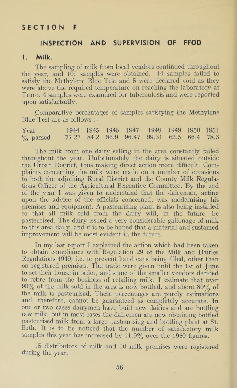 INSPECTION AND SUPERVISION OF FFOD 1. Milk. The sampling of milk from local vendors continued throughout the year, and 106 samples were obtained. 14 samples failed to satisfy the Methylene Blue Test and 5 were declared void as they were above the required temperature on reaching the laboratory at Truro. 4 samples were examined for tuberculosis and were reported upon satisfactorily. Comparative percentages of samples satisfying the Methylene Blue Test are as follows ;— Year 1944 1945 1946 1947 1948 1949 1950 1951 % passed 77.27 84.2 86.9 96.47 99.31 62.5 66.4 78.3 The milk from one dairy selling in the area constantly failed throughout the year. Unfortunately the dairy is situated outside the Urban District, thus making direct action more difficult. Com- plaints concerning the milk were made on a number of occasions to both the adjoining Rural District and the County Milk Regula- tions Officer of the Agricultural Executive Committee. By the end of the year I was given to understand that the dairyman, acting upon the advice of the officials concerned, was modernising his premises and equipment. A pasteurising plant is also being installed so that all milk sold from the dairy will, in the future, be pasteurised. The dairy issued a very considerable gallonage of milk to this area daily, and it is to be hoped that a material and sustained improvement will be most evident in the future. In my last report I explained the action which had been taken to obtain compliance with Regulation 29 of the Milk and Dairies Regulations 1949, i.e. to prevent hand cans being filled, other than on registered premises. The trade were given until the 1st of June to set their house in order, and some of tlie smaller vendors decided to retire from the business of retailing milk. I estimate that over 90% of the milk sold in the area is now bottled, and about 80% of the milk is pasteurised. These percentages are purely estimations and, therefore, cannot be guaranteed as completely accurate. In one or two cases dairymen have built new dairies and are bottling raw milk, but in most cases the dairymen are now obtaining bottled pasteurised milk from a large pasteurising and bottling plant at St. Erth. It is to be noticed that the number of satisfactory milk samples this year has increased by 11.9% over the 1950 figures. 15 distributors of milk and 10 milk premises were registered during the year.