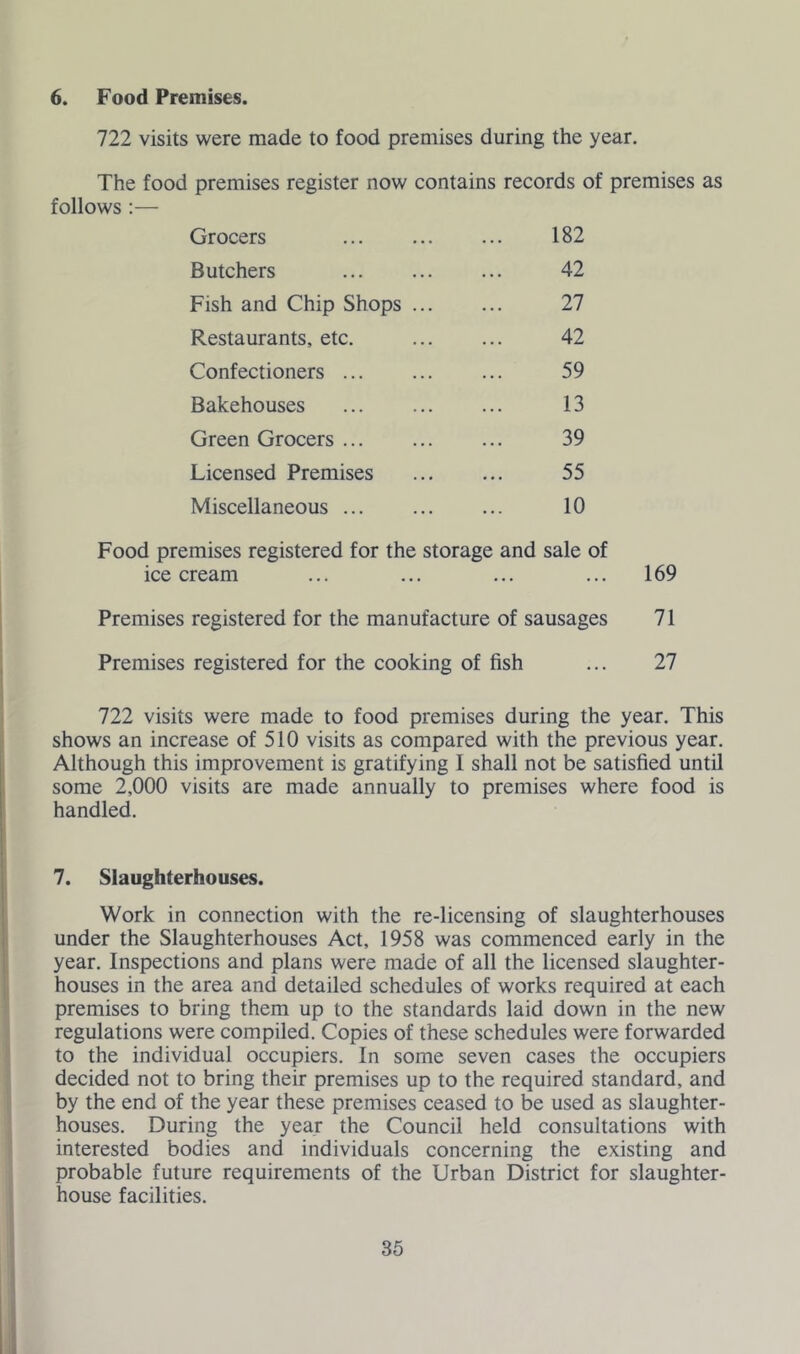 6. Food Premises. 722 visits were made to food premises during the year. The food premises register now contains records of premises as follows ;— Grocers 182 Butchers 42 Fish and Chip Shops 27 Restaurants, etc. 42 Confectioners 59 Bakehouses 13 Green Grocers 39 Licensed Premises 55 Miscellaneous ... 10 Food premises registered for the storage and sale of ice cream 169 Premises registered for the manufacture of sausages 71 Premises registered for the cooking of fish • • • 27 722 visits were made to food premises during the year. This shows an increase of 510 visits as compared with the previous year. Although this improvement is gratifying I shall not be satisfied until some 2,000 visits are made annually to premises where food is handled. 7. Slaughterhouses. Work in connection with the re-licensing of slaughterhouses under the Slaughterhouses Act, 1958 was commenced early in the year. Inspections and plans were made of all the licensed slaughter- houses in the area and detailed schedules of works required at each premises to bring them up to the standards laid down in the new regulations were compiled. Copies of these schedules were forwarded to the individual occupiers. In some seven cases the occupiers decided not to bring their premises up to the required standard, and by the end of the year these premises ceased to be used as slaughter- houses. During the year the Council held consultations with interested bodies and individuals concerning the existing and probable future requirements of the Urban District for slaughter- house facilities.