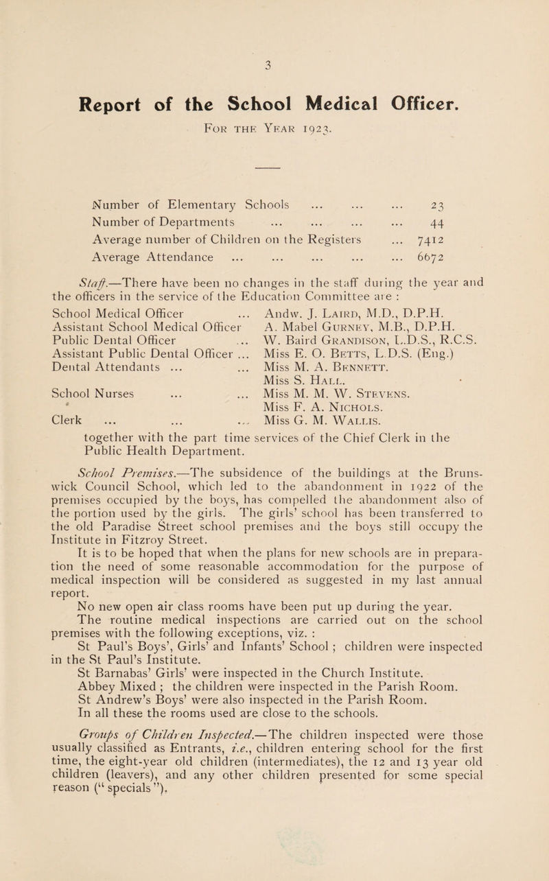 Report of the School Medical Officer. For the Year 1923. Number of Elementary Schools 23 Number of Departments 44 Average number of Children on the Registers ... 7412 Average Attendance 6672 Staff.—There have been no changes in the staff during the year and the officers in the service of the Education Committee are : School Medical Officer Assistant School Medical Officer Public Dental Officer Assistant Public Dental Officer ... Dental Attendants ... School Nurses * Clerk Andvv. J. Laird, M.D., D.P.H. A. Mabel Gurney, M.B., D.P.H. W. Baird Grandison, L.D.S., R.C.S. Miss E. O. Betts, L.D.S. (Eng.) Miss M. A. Bennett. Miss S. Hale. Miss M. M. W. Stevens. Miss F. A. Nichols. Miss G. M. Wallis. together with the part time services of the Chief Clerk in the Public Health Department. School Premises.—The subsidence of the buildings at the Bruns¬ wick Council School, which led to the abandonment in 1922 of the premises occupied by the boys, has compelled the abandonment also of the portion used by the girls. The girls’ school has been transferred to the old Paradise Street school premises and the boys still occupy the Institute in Fitzroy Street. It is to be hoped that when the plans for new schools are in prepara¬ tion the need of some reasonable accommodation for the purpose of medical inspection will be considered as suggested in my last annual report. No new open air class rooms have been put up during the year. The routine medical inspections are carried out on the school premises with the following exceptions, viz. : St Paul’s Boys’, Girls’ and Infants’ School ; children were inspected in the St Paul’s Institute. St Barnabas’ Girls’ were inspected in the Church Institute. Abbey Mixed ; the children were inspected in the Parish Room. St Andrew’s Boys’ were also inspected in the Parish Room. In all these the rooms used are close to the schools. Groups of Children Inspected.— The children inspected were those usually classified as Entrants, i.e., children entering school for the first time, the eight-year old children (intermediates), the 12 and 13 year old children (leavers), and any other children presented for seme special reason (u specials ”).