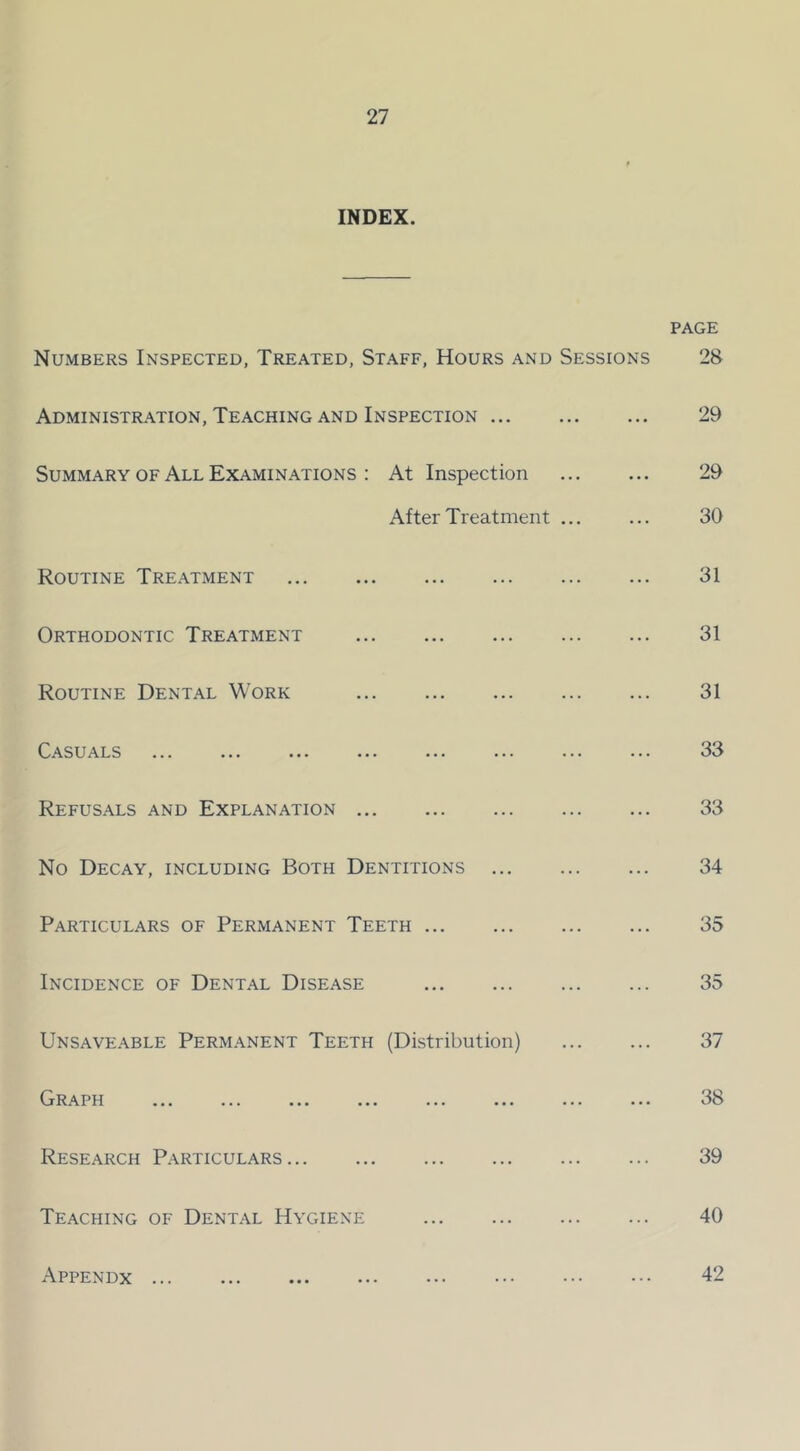 INDEX. PAGE Numbers Inspected, Treated, Staff, Hours and Sessions 28 Administration, Teaching and Inspection 29 Summary of All Examinations : At Inspection 29 After Treatment ... ... 30 Routine Treatment 31 Orthodontic Treatment 31 Routine Dental Work 31 Casuals 33 Refusals and Explanation 33 No Decay, including Both Dentitions 34 Particulars of Permanent Teeth 35 Incidence of Dental Disease 35 Unsaveable Permanent Teeth (Distribution) 37 G R A P H ... ... ... ... ... ... ... ... Research Particulars 39 Teaching of Dental Hygiene 40 Appendx 42