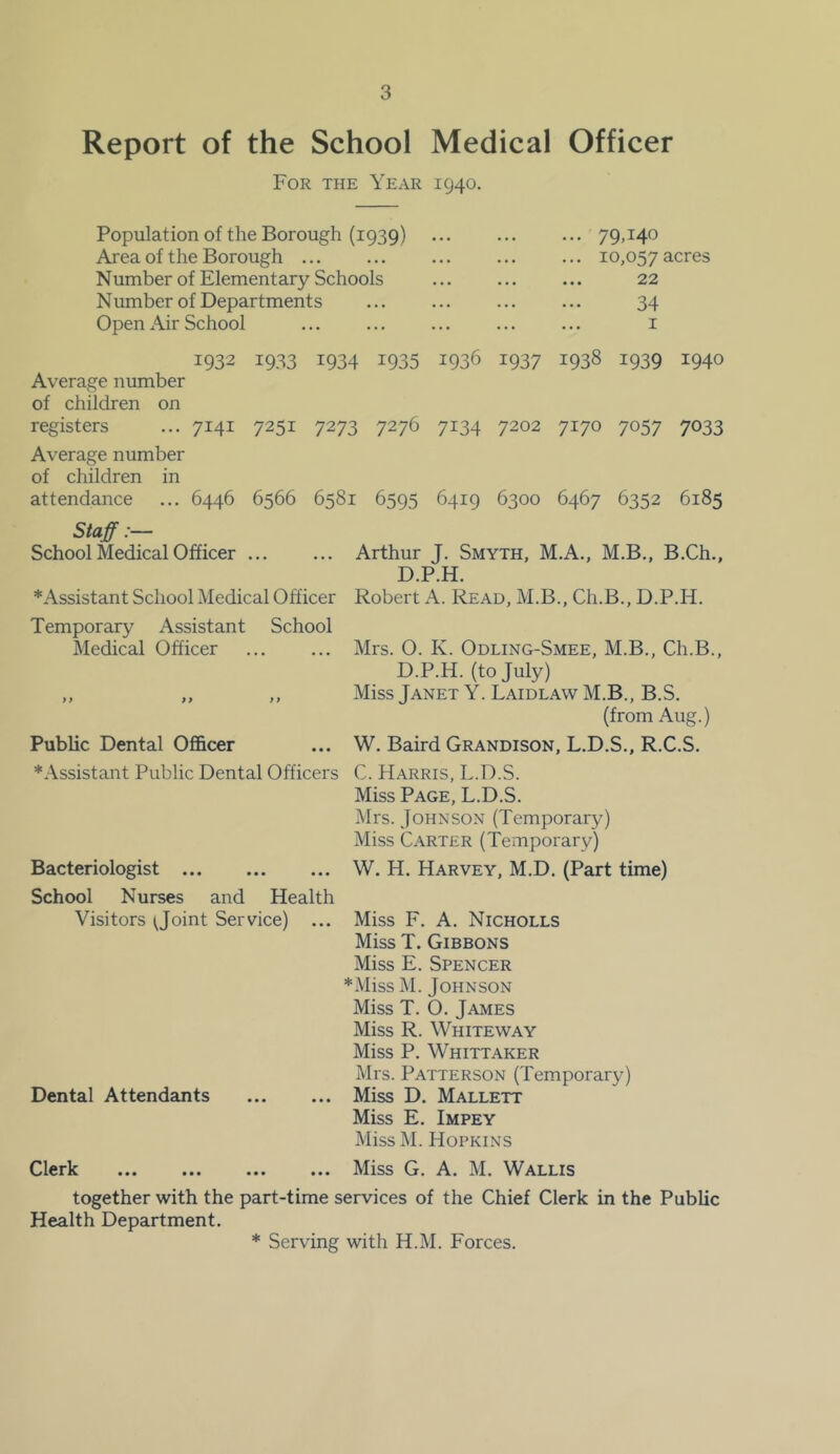 Report of the School Medical Officer For the Year 1940. Population of the Borough (1939) ... ... ... 79,140 Area of the Borough ... ... ... ... ... 10,057 acres Number of Elementary Schools ... 22 Number of Departments ... ... ... ... 34 Open Air School ... ... ... ... ... i Average number of children on 1932 i9.'^3 1934 1935 1936 1937 1938 1939 1940 registers Average number of children in 7141 7251 7273 7276 7134 7202 7170 7057 7033 attendance 6446 6566 6581 6595 6419 6300 6467 6352 6185 Staff:— School Medical Officer ... ... Arthur J. Smyth, M.A., M.B., B.Ch., D.P.H. *Assistant School Medical Officer Robert A. Read, M.B., Ch.B., D.P.H. Temporary Assistant School Medical Officer Mrs. O. K. Odling-Smee, M.B., Ch.B., D.P.H. (to July) ,, „ ,, Miss Janet Y. LaidlawM.B., B.S. (from Aug.) Public Dental Ofl&cer ... W. Baird Grandison, L.D.S., R.C.S. *.\ssistant Public Dental Officers C. Harris, L.D.S. Miss Page, L.D.S. Mrs. Johnson (Temporary) Miss Carter (Temporary) Bacteriologist W. H. Harvey, M.D. (Part time) School Nurses and Health Visitors ^Joint Service) ... Miss F. A. Nicholls Miss T. Gibbons Miss E. Spencer *Miss M. Johnson Miss T. O. James Miss R. Whiteway Miss P. Whittaker Mrs. Patterson (Temporary) Dental Attendants Miss D. Mallett Miss E. Impey Miss M. Hopkins Clerk Miss G. A. M. Wallis together with the part-time services of the Chief Clerk in the Public Health Department. * Serving with H.M. Forces.