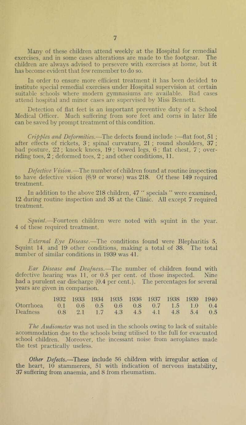 Many of tliese children attend weekly at the Hospital for remedial exercises, and in some cases alterations are made to the footgear. The children are always advised to persevere with exercises at home, but it has become evident that few remember to do so. In order to ensure more efficient treatment it has been decided to institute special remedial exercises under Hospital supervision at certain suitable schools where modern gymnasiums are available. Bad cases attend hospital and minor cases are supervised by Miss Bennett. Detection of fiat feet is an important preventive duty of a School Medical Officer. Much suffering from sore feet and corns in later life can be saved by prompt treatment of this condition. Cripples and Deformities.—The defects found include :—flat foot, 51 ; after effects of rickets, 3; spinal curvature, 21 ; round shoulders, 37 ; bad posture, 22 ; knock knees, 19 ; bowed legs, 6; fiat chest, 7 ; over- riding toes, 2 ; deformed toes, 2 ; and other conditions, 11. Defective Vision.—The number of children found at routine inspection to have defective vision (6/9 or worse) was 218. Of these 149 required treatment. In addition to the above 218 children, 47 “ specials ” were examined, 12 during routine inspection and 35 at the Clinic. All except 7 required treatment. Squint.—Fourteen children were noted with squint in the year. 4 of these required treatment. External Eye Disease.—The conditions found were Blepharitis 5, Squint 14 and 19 other conditions, making a total of 38. The total number of similar conditions in 1939 was 41. Ear Disease and Deafness.—^The number of children found with defective hearing was 11, or 0.5 per cent, of those inspected. Nine had a purulent ear discharge (0.4 per cent.). The percentages for several years are given in comparison. 1932 1933 1934 1935 1936 1937 1938 1939 1940 Otorrhoea 0.1 0.6 0.5 0.6 0.8 0.7 1.5 1.0 0.4 Deafness 0.8 2.1 1.7 4.3 4.5 4.1 4.8 5.4 0.5 The Audiometer was not used in the schools owing to lack of suitable accommodation due to the schools being utilised to the full for evacuated school children. ^loreover, the incessant noise from aeroplanes made the test practically useless. Other Defects.—These include 56 children with irregular action of the heart, 10 stammerers, 51 with indication of nervous instability, 37 suffering from anaemia, and 8 from rheumatism.