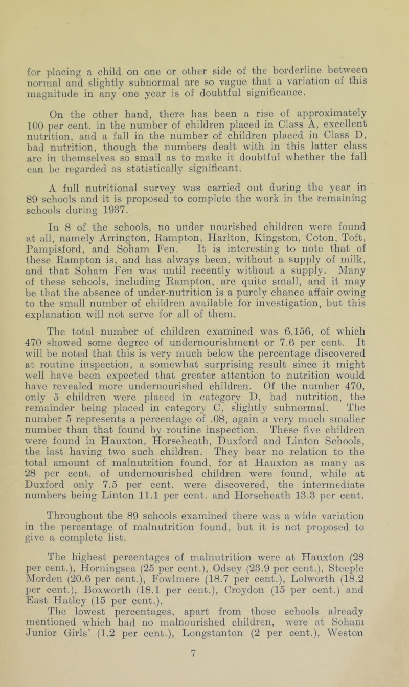 for placing a child on one or other side of the borderline between normal and slightly subnormal are so vague that a variation ot tfhis magnitude in any one year is of doubtful significance. On the other hand, there has been a rise of approximately 100 per cent, in the number of children placed in Class A, excellent nutrition, and a fall in the number of children placed in Class D, bad nutrition, though the numbers dealt with in this latter class are in themselves so small as to make it doubtful whether the fall can be regarded as statistically significant. A full nutritional survey was carried out during the year in 89 schools and it is proposed to complete the work in the remaining schools during 1937. In 8 of the schools, no under nourished children were found at all, namely Arrington, Rampton, Harlton, Kingston, Coton, Toft, Pampisford, and Soham Fen. It is interesting to note that of these Rampton is, and has always been, without a supply of milk, and that Soham Fen was until recently without a supply. Many of these schools, including Rampton, are quite small, and it may be that the absence of under-nutrition is a purely chance affair owing to the small number of children available for investigation, but this explanation will not serve for all of them. The total number of children examined was 6,156, of which 470 showed some degree of undernourishment or 7.6 per cent. It will be noted that this is very much below the percentage discovered at routine inspection, a somewhat surprising result since it might well have been expected that greater attention to nutrition would have revealed more undernourished children. Of the number 470, only 5 children were placed in category D, bad nutrition, the remainder being placed in category C, slightly subnormal. The number 5 represents a percentage of .08, again a very much smaller number than that found by routine inspection. These five children were found in Hauxton, ITorseheath, Duxford and Linton Schools, the last having two such children. They bear no relation to the total amount of malnutrition found, for at Hauxton as many as 28 per cent, of undernourished children were found, while at Duxford only 7.5 per cent, were discovered, the intermediate numbers being Linton 11.1 per cent, and Horseheath 13.3 per cent. Throughout the 89 schools examined there was a wide variation in the percentage of malnutrition found, but it is not proposed to give a complete list. The highest percentages of malnutrition were at Hauxton (28 per cent.), Horningsea (25 per cent.), Odsev (23.9 per cent.), Steeple Morden (20.6 per cent.), Fowlmere (18.7 per cent.), Lolworth (18.2 per cent.), Boxworth (18.1 per cent.), Croydon (15 per cent.) and East Hatley (15 per cent.). The lowest percentages, apart from those schools already mentioned which had no malnourished children, were at Soham