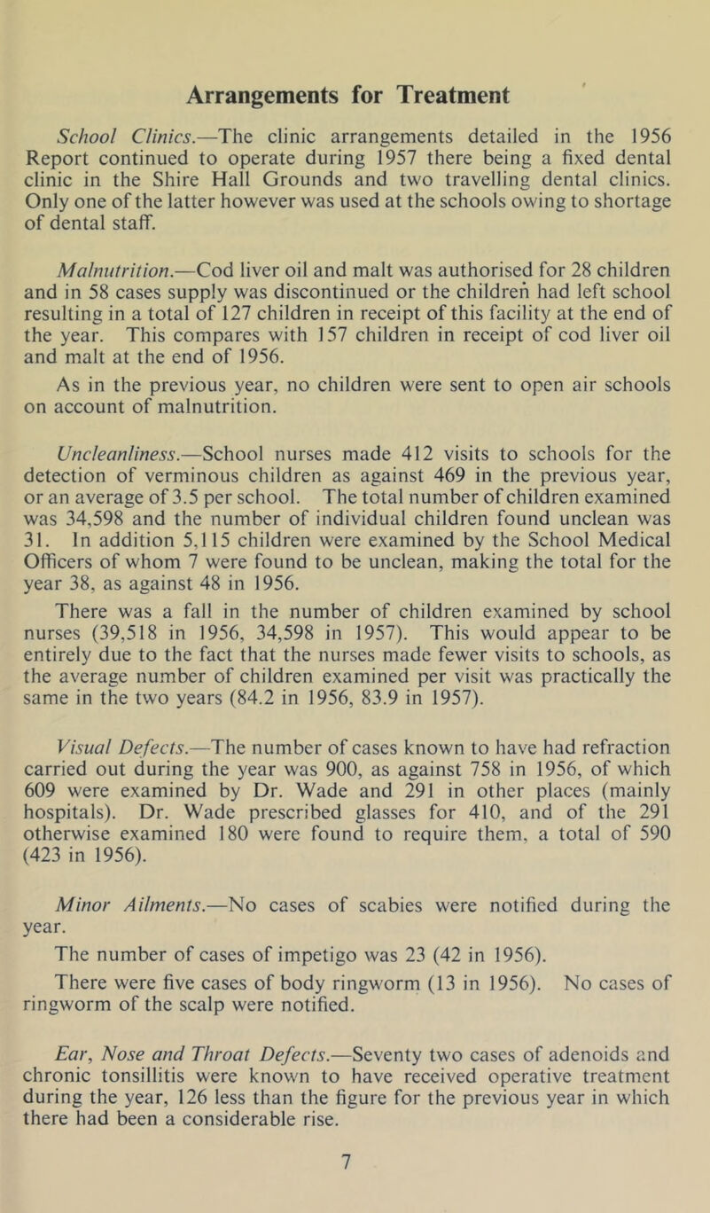 Arrangements for Treatment School Clinics.—The clinic arrangements detailed in the 1956 Report continued to operate during 1957 there being a fixed dental clinic in the Shire Hall Grounds and two travelling dental clinics. Only one of the latter however was used at the schools owing to shortage of dental staff. Malnutrition.—Cod liver oil and malt was authorised for 28 children and in 58 cases supply was discontinued or the children had left school resulting in a total of 127 children in receipt of this facility at the end of the year. This compares with 157 children in receipt of cod liver oil and malt at the end of 1956. As in the previous year, no children were sent to open air schools on account of malnutrition. Uncleanliness.—School nurses made 412 visits to schools for the detection of verminous children as against 469 in the previous year, or an average of 3.5 per school. The total number of children examined was 34,598 and the number of individual children found unclean was 31. In addition 5,115 children were examined by the School Medical Officers of whom 7 were found to be unclean, making the total for the year 38, as against 48 in 1956. There was a fall in the number of children examined by school nurses (39,518 in 1956, 34,598 in 1957). This would appear to be entirely due to the fact that the nurses made fewer visits to schools, as the average number of children examined per visit was practically the same in the two years (84.2 in 1956, 83.9 in 1957). Visual Defects.—The number of cases known to have had refraction carried out during the year was 900, as against 758 in 1956, of which 609 were examined by Dr. Wade and 291 in other places (mainly hospitals). Dr. Wade prescribed glasses for 410, and of the 291 otherwise examined 180 were found to require them, a total of 590 (423 in 1956). Minor Ailments.—No cases of scabies were notified during the year. The number of cases of impetigo was 23 (42 in 1956). There were five cases of body ringworm (13 in 1956). No cases of ringworm of the scalp were notified. Ear, Nose and Throat Defects.—Seventy two cases of adenoids and chronic tonsillitis were known to have received operative treatment during the year, 126 less than the figure for the previous year in which there had been a considerable rise.
