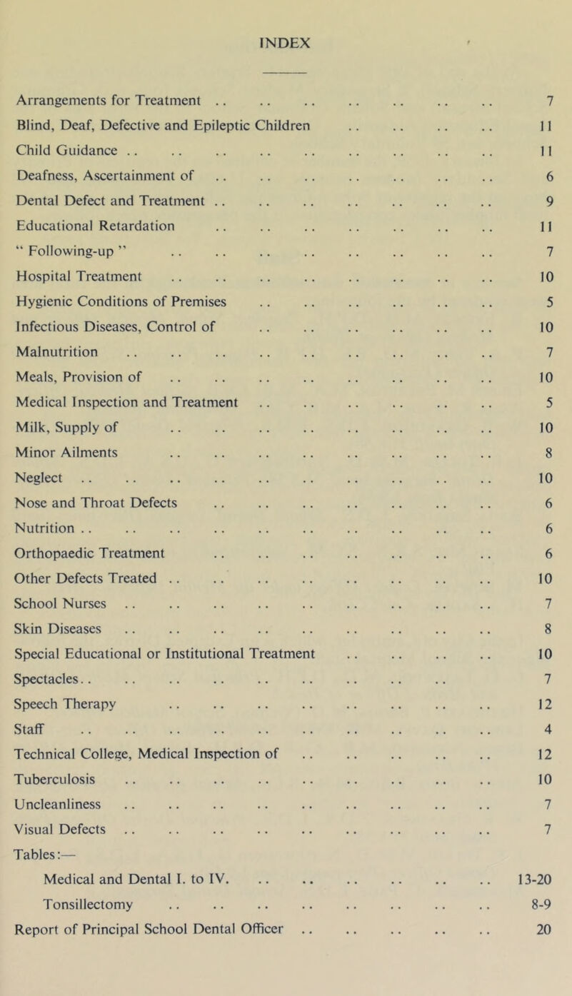 INDEX Arrangements for Treatment .. .. .. .. .. .. .. 7 Blind, Deaf, Defective and Epileptic Children .. .. .. 11 Child Guidance .. .. .. .. .. .. .. .. .. II Deafness, Ascertainment of .. .. .. .. .. .. .. 6 Dental Defect and Treatment .. .. .. .. .. .. .. 9 Educational Retardation .. .. .. .. .. .. .. 11 “ Following-up ” .. .. .. .. .. .. .. .. 7 Hospital Treatment .. .. .. .. .. .. .. .. 10 Hygienic Conditions of Premises .. .. .. .. .. .. 5 Infectious Diseases, Control of .. .. .. 10 Malnutrition .. .. .. .. .. .. .. .. .. 7 Meals, Provision of .. .. .. .. .. .. .. .. 10 Medical Inspection and Treatment .. .. .. .. .. .. 5 Milk, Supply of .. .. .. .. .. .. .. 10 Minor Ailments .. .. .. .. .. .. .. .. 8 Neglect .. .. 10 Nose and Throat Defects .. .. .. .. .. .. .. 6 Nutrition .. .. .. .. .. .. .. .. .. .. 6 Orthopaedic Treatment .. .. .. .. .. .. .. 6 Other Defects Treated .. .. .. 10 School Nurses .. .. .. .. .. .. .. .. .. 7 Skin Diseases .. .. .. .. .. .. 8 Special Educational or Institutional Treatment .. .. .. .. 10 Spectacles.. .. .. .. .. .. .. .. .. 7 Speech Therapy 12 Staff 4 Technical College, Medical Inspection of .. .. .. .. .. 12 Tuberculosis .. .. 10 Uncleanliness .. .. .. .. .. .. .. .. .. 7 Visual Defects .. .. .. .. .. .. .. .. .. 7 Tables:— Medical and Dental 1. to IV. .. .. .. .. .. .. 13-20 Tonsillectomy .. .. .. .. .. .. .. .. 8-9 Report of Principal School Dental Officer .. .. .. .. ,. 20