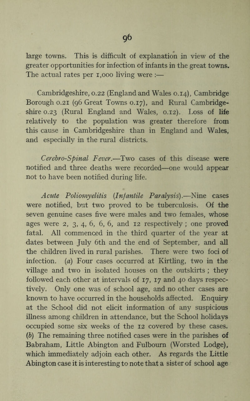 large towns. This is difficult of explanation in view of the greater opportunities for infection of infants in the great towns. The actual rates per 1,000 living were :— Cambridgeshire, 0.22 (England and Wales 0.14), Cambridge Borough 0.21 (96 Great Towns 0.17), and Rural Cambridge- shire 0.23 (Rural England and Wales, 0.12). Loss of life relatively to the population was greater therefore from this cause in Cambridgeshire than in England and Wales, and especially in the rural districts. Cerebro-Spinal Fever.—Two cases of this disease were notified and three deaths were recorded—one would appear not to have been notified during life. Acute Poliomyelitis (.Infantile Paralysis).—Nine cases were notified, but two proved to be tuberculosis. Of the seven genuine cases five were males and two females, whose ages were 2, 3, 4, 6, 6, 6, and 12 respectively ; one proved fatal. All commenced in the third quarter of the year at dates between July 6th and the end of September, and all the children lived in rural parishes. There were two foci of infection, (a) Four cases occurred at Kirtling, two in the village and two in isolated houses on the outskirts ; they followed each other at intervals of 17, 17 and 40 days respec- tively. Only one was of school age, and no other cases are known to have occurred in the households affected. Enquiry at the School did not elicit information of any suspicious illness among children in attendance, but the School holidays occupied some six weeks of the 12 covered by these cases. (b) The remaining three notified cases were in the parishes of Babraham, Little Abington and Fulbourn (Worsted Lodge), which immediately adjoin each other. As regards the Little Abington case it is interesting to note that a sister of school age