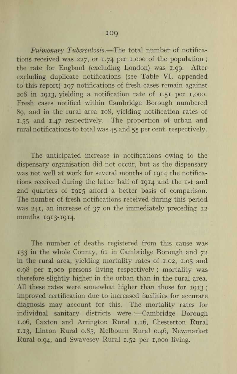 log Pulmonary Tuberculosis.—The total number of notifica- tions received was 227, or 1.74 per 1,000 of the population ; the rate for England (excluding London) was 1.99. After excluding duplicate notifications (see Table VI. appended to this report) 197 notifications of fresh cases remain against 208 in 1913, yielding a notification rate of 1.51 per 1,000. Fresh cases notified within Cambridge Borough numbered 89, and in the rural area 108, yielding notification rates of 1.55 and 1.47 respectively. The proportion of urban and rural notifications to total was 45 and 55 per cent, respectively. The anticipated increase in notifications owing to the dispensary organisation did not occur, but as the dispensary was not well at work for several months of 1914 the notifica- tions received during the latter half of 1914 and the ist and 2nd quarters of 1915 afford a better basis of comparison. The number of fresh notifications received during this period was 241, an increase of 37 on the immediately preceding 12 months 1913-1914. The number of deaths registered from this cause was 133 in the whole County, 61 in Cambridge Borough and 72 in the rural area, yielding mortality rates of 1.02, 1.05 and 0.98 per 1,000 persons living respectively ; mortality was therefore slightly higher in the urban than in the rural 9.rea. All these rates were somewhat higher than those for 1913 ; improved certification due to increased facilities for accurate diagnosis may account for this. The mortality rates for individual sanitary districts were :—Cambridge Borough 1.06, Caxton and Arrington Rural 1.16, Chesterton Rural 1.13, Linton Rural 0.85, Melbourn Rural 0.46, Newmarket Rural 0.94, and Swavesey Rural 1.52 per 1,000 living.