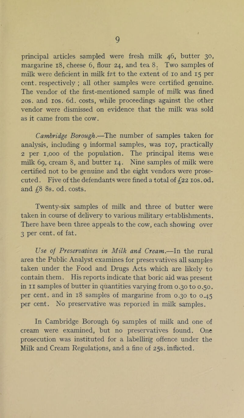 principal articles sampled were fresh milk 46, butter 30, margarine 18, cheese 6, flour 24, and tea 8. Two samples of milk were deficient in milk fat to the extent of 10 and 15 per cent, respectively ; all other samples were certified genuine. The vendor of the first-mentioned sample of milk was fined 20s. and 10s. 6d. costs, while proceedings against the other vendor were dismissed on evidence that the milk was sold as it came from the cow. Cambridge Borough.—The number of samples taken for analysis, including 9 informal samples, was 107, practically 2 per 1,000 of the population. The principal items weie milk 69, cream 8, and butter 14. Nine samples of milk were certified not to be genuine and the eight vendors were prose- cuted . Five of the defendants were fined a total of £22 10s. od. and £8 8s. od. costs. Twenty-six samples of milk and three of butter were taken in course of delivery to various military establishments. There have been three appeals to the cow, each showing over 3 per cent, of fat. Use of Preservatives in Milk and Cream.—In the rural area the Public Analyst examines for preservatives all samples taken under the Food and Drugs Acts which are likely to contain them. His reports indicate that boric aid was present in 11 samples of butter in quantities varying from 0.30 to 0.50. per cent, and in 18 samples of margarine from 0.30 to 0.45 per cent. No preservative was reported in milk samples. In Cambridge Borough 69 samples of milk and one of cream were examined, but no preservatives found. One prosecution was instituted for a labelling offence under the Milk and Cream Regulations, and a fine of 25s. inflicted.