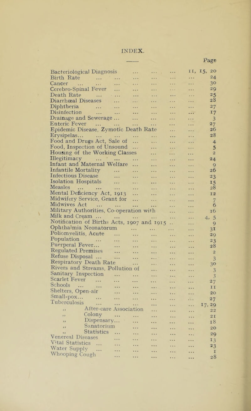 INDEX. Page Bacteriological Diagnosis II, 15. 20 Birth Rate 24 Cancer 30 Ccrebro-Spinal Fever 29 Death Rate 25 Diarrhceal Diseases 2S Diphtheria 27 Disinfection 17 Drainage and Sewerage ... 3 Enteric Fever 27 Epidemic Disease, Zymotic Death Rate 26 Erysipelas... 28 Food and Drugs Act, Sale of ... 4 Food, Inspection of Unsound ... 5 Housing of the Working Classes 2 Illegitimacy 24 Infant and Maternal Welfare ... 9 Infantile Mortality 26 Infectious Disease 23 Isolation Hospitals 15 Measles 28 Mental Deficiency Act, 1913 12 Midwifery Service, Grant for ... 7 Midwives Act 6 Military Authorities, Co-operation with 16 Milk and Cream ... 4, 5 Notification of Births Acts, 1907 and 191s .. 9 Ophthalmia Neonatorum ... 31 Poliomvelitis. Acute 29 Population 23 Puerperal Fever... 28 Regulated Premises 2 Refuse Disposal ... 3 Respiratory Death Rate 30 Rivers and Streams, Pollution of 3 3 27 II Sanitary Inspection Scarlet Fever Schools Shelters, Open-air 5mall-pox... 20 27 ... 17,29 22 Tuberculosis ,, After-care Association ,, Colony 21 ,, Dispensary... 18 ,, Sanatorium Statistics ... 20 29 T -y Venereal Diseases Vdal Statistics ... ... 13 Water Supplv 23 T Whooping Cough 28