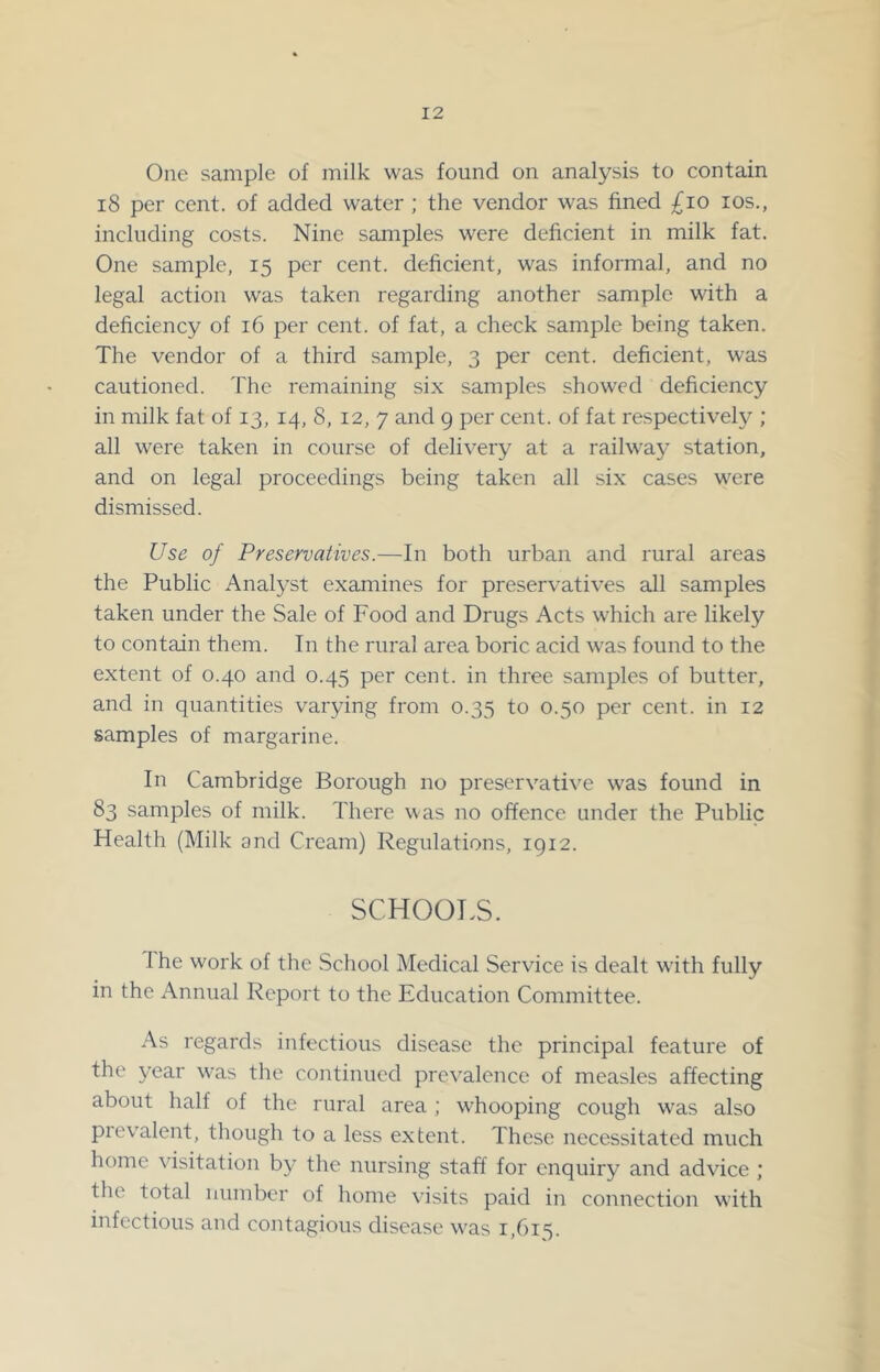One sample of milk was found on analysis to contain i8 per cent, of added water ; the vendor was fined £io los., including costs. Nine samples were deficient in milk fat. One sample, 15 per cent, deficient, was informal, and no legal action was taken regarding another sample with a deficiency of 16 per cent, of fat, a check sample being taken. The vendor of a third sample, 3 per cent, deficient, was cautioned. The remaining six samples showed deficiency in milk fat of 13, 14, 8, 12, 7 and 9 per cent, of fat respectively ; all were taken in course of delivery at a railwa}^ station, and on legal proceedings being taken all six cases were dismissed. Use of Preservatives.—In both urban and rural ai'eas the Public Analyst examines for preservatives all samples taken under the Sale of Food and Drugs Acts which are likely to contain them. In the rural area boric acid was found to the extent of 0.40 and 0.45 per cent, in three samples of butter, and in quantities varying from 0.35 to 0.30 per cent, in 12 samples of margarine. In Cambridge Borough no preservative was found in 83 samples of milk. There was no offence under the Public Health (Milk and Cream) Regulations, 1912. SCHOOLS. The work of the School Medical Service is dealt with fully in the Annual Report to the Education Committee. As regards infectious disease the principal feature of the year was the continued prevalence of measles affecting about half of the rural area; whooping cough was also pievalent, though to a less extent. These necessitated much home visitation by the nursing staff for enquiry and advice ; the total number of home visits paid in connection with infectious and contagious disease was 1,615.