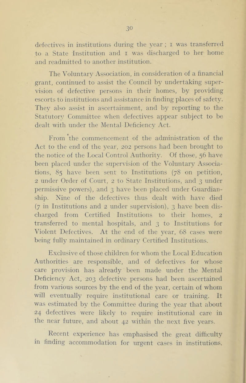 defectives in institutions during the year ; i was transferred to a State Institution and i was discharged to her home and readmitted to another institution. The Voluntary Association, in consideration of a financial grant, continued to assist the Council by undertaking super- vision of defective persons in their homes, by providing escorts to institutions and assistance in finding places of safety. They also assist in ascertainment, and by reporting to the Statutory Committee when defectives appear subject to be dealt with under the IMental Deficienc}' Act. From 'the commencement of the administration of the Act to the end of the year, 202 persons had been brought to the notice of the Local Control Authorit}’. Of those, 56 have been placed under the supein ision of the \'oluntary Associa- tions, 85 have been, sent to Institutions (78 on petition, 2 under Order of Court, 2 to State Institutions, and 3 under permissive powers), and 3 hat’e been placed under Guardian- ship. Nine of the defectives thus dealt with have died (7 in Institutions and 2 under supervision), 3 have been dis- charged from Certified Institutions to their homes, 2 transferred to mental hospitals, and 3 to Institutions for Violent Defectives. At the end of the year, 68 cases were being fully maintained in ordinary Certified Institutions. Exclusive of those children for whom the Local Education Authorities are responsible, and of defectives for whose care provision has already been made under the Mental Deficiency Act, 203 defective persons had been ascertained from various sources by the end of the year, certain of whom will eventually require institutional care or training. It was estimated by the Committee during the 3'ear that about 24 defectives were likely to require institutional care in the near future, and about 42 within the next five \'ears. Recent experience has emphasised the great difficult}^ in finding accommodation for urgent cases in institutions.