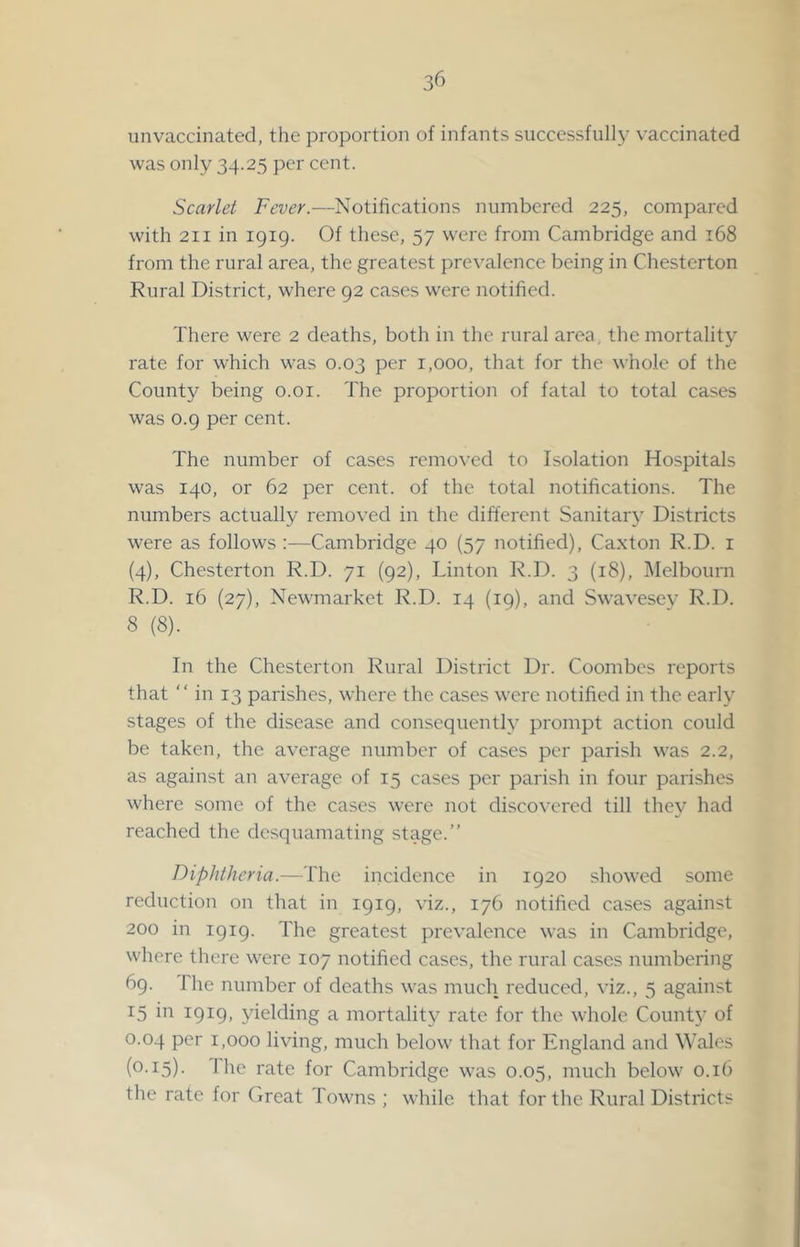 unvaccinated, the proportion of infants snccessfullj' vaccinated was only 34.25 per cent. Scarlet Fever.—Notifications numbered 225, compared with 211 in 1919. Of these, 57 were from Cambridge and 168 from the rural area, the greatest pre^^aIence being in Chesterton Rural District, where 92 cases were notified. There were 2 deaths, both in the rural area, the mortality rate for which was 0.03 per 1,000, that for the whole of the County being o.oi. The proportion of fatal to total cases was 0.9 per cent. The number of cases removed to Isolation Hospitals was 140, or 62 per cent, of the total notifications. The numbers actually removed in the different Sanitary Districts were as follows :—Cambridge 40 (57 notified), Caxton R.D. i (4), Chesterton R.D. 71 (92), Linton R.D. 3 (18), Melbourn R.D. 16 (27), Newmarket R.D. 14 (19), and Swavesev R.D. 8 (8). In the Chesterton Rural District Dr. Coombes reports that “ in 13 parishes, where the cases were notified in the early stages of the disease and consequently prompt action could be taken, the average number of cases per parish was 2.2, as against an average of 15 cases per parish in four parishes where some of the cases were not discovered till they had reached the desquamating stage.” Diphtheria.—The incidence in 1920 showed some reduction on that in 1919, viz., 176 notified cases against 200 in 1919. The greatest prevalence was in Cambridge, where there were 107 notified cases, the rural cases numbering 69. The number of deaths was much reduced, viz., 5 against 15 in 1919, yielding a mortality rate for the whole Count}' of 0.04 per 1,000 living, much below that for England and Wales (0.15). The rate for Cambridge was 0.05, much below 0.16 the rate for (ireat Towns ; while that for the Rural Districts