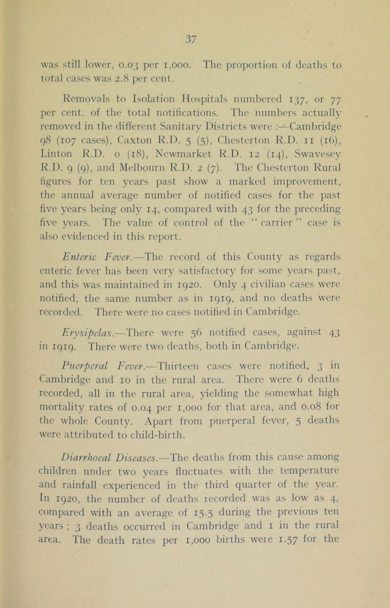 was still lowor, 0.03 per 1,000. The proportion of deaths to total cases was 2.8 per cent. Removals to Isolation Hospitals numbered 137, or 77 per cent, of the total notiheations. The numbers actually removed in the different Sanitary Districts were :—Cambridge q8 (107 cases), Caxton R.D. 5 (5), Chesterton R.D. ii (16), Linton R.D. o (18), Newmarket R.D. 12 (14), Swavesey R.D. 9 (9), and Melbourn R.D. 2 (7). The Chesterton Rural ligures for ten years j)ast show a marked improvement, the annual average number of notified cases for the past five years being only 14, compared with 43 for the preceding five years. The value of control of the “ carrier ” case is also evidenced in this report. Enteric Fever.—The record of this County as regards enteric fever has been very satisfactoiy for some years past, and this was maintained in 1920. Only 4 civilian cases were notified, the same number as in 1919, and no deaths were recoided. There were no cases notified in Cambridge. Erysipelas.—There were 56 notified cases, against 43 in 1919. There were two deaths, both in Cambridge. Puerperal Fever.—Thirteen cases were notified, 3 in Cambridge and 10 in the rural area. There were 6 deaths recorded, all in the rural area, yielding the somewhat high mortality rates of 0.04 per 1,000 for that area, and 0.08 for the whole County. Apart from puerperal fever, 5 deaths were attributed to child-birth. Diarrhoeal Diseases.—The deaths from this cause among children under two years fluctuates with the temperature and rainfall experienced in the third quarter of the year. In 1920, the number of deaths lecordcd w’as as low as 4, compared with an average of 15.5 during the previous ten years ; 3 deaths occurred in Cambridge and i in the rural area. The death rates per 1,000 births weie 1.57 for the