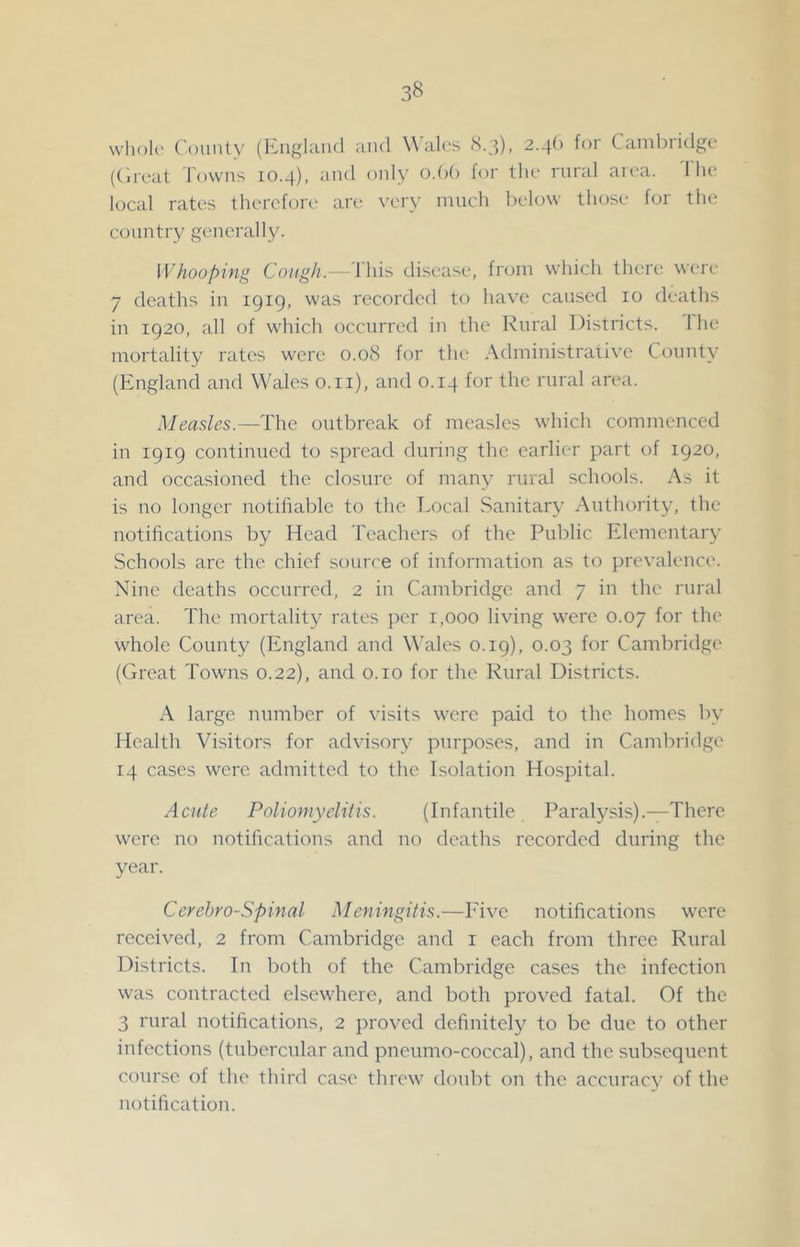wlioh' ('ounty (luiglaiul and Wales 3.3), 2.46 for Cambridge ((ireat Towns 10.4), and only o.()() for the rural area. 1 he local rates therefore are very much below those for the country generally. Whooping Cough.—This disease, from which there were 7 deaths in 1919, was recorded to have caused 10 deaths in 1920, all of which occurred in the Rural Districts. 1 he mortality rates were 0.08 for the Administraiivc County (England and W'ales o.ii), and 0.14 for the rural area. A/casZcs.—The outbreak of measles which commenced in 1919 continued to spread during the earlier part of 1920, and occasioned the closure of many rural schools. As it is no longer notifiable to the Local Sanitary Authority, the notifications by Head Teachers of the Public Elementary Schools are the chief sourre of information as to prevalence. Nine deaths occurred, 2 in Cambridge and 7 in the rural area. The mortality rates per 1,000 living were 0.07 for th(' whole County (England and W'ales 0.19), 0.03 for Cambridge (Great Towns 0.22), and o.io for the Rural Districts. A large number of visits were paid to the homes by Health Visitors for advisory purposes, and in Cambridge 14 cases were admitted to the Isolation Hospital. Acute Poliomyelitis. (Infantile Paralysis).—There were no notifications and no deaths recorded during the year. Cerehro-Spinal Meningitis.—Eive notifications were received, 2 from Cambridge and i each from three Rural Districts. In both of the Cambridge cases the infection was contracted elsewhere, and both proved fatal. Of the 3 rural notifications, 2 proved definitely to be due to other infections (tubercular and pneumo-coccal), and the subsequent cour.se of the third case threw doubt on the accuracy of the notification.