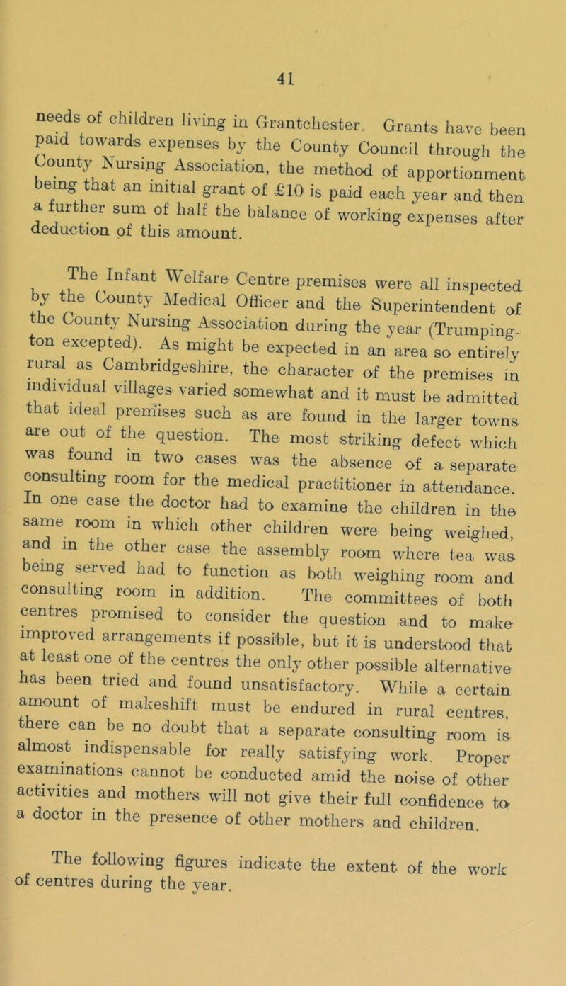 needs of children living in Grantchester. Grants have been paid towards expenses by the County Council through the County Nursi.ng Association, the method of apportionment being that an initial grant of £10 is paid each year and then a ur er sum of half the balance of working expenses after deduction of this amount. k Welfare Centre premises were all inspected by the County lAIedical Officer and the Superintendent of the County Nursing Association during the year (Trumpin^.- on excepted). As might be expected in an area so entirery rural as Cambridgesliire, the character of the premises in individual villages varied somewhat and it must be admitted that ideal prem'ises such as are found in the larger towns- are out of the question. The most striking defect which was found in two cases was the absence of a separate consulting room for the medical practitioner in attendance. In one case the doctor had to examine the children in the same room in which other children were being weighed and m the other case the assembly room where tea waa being served had to function as both weighing room and consulting room in addition. The committees of both centres promised to consider the question and to make improved arrangements if possible, but it is understood that at least one of the centres the only other possible alternative has been tried and found unsatisfactory. While a certain amount of makeshift must be endured in rural centres, ere can be no doubt that a separate consulting room is almost indispensable for really satisfying work. Proper examinations cannot be conducted amid the noise of other activities and mothers will not give their full confidence to a doctor in the presence of other mothers and children. The following figures indicate the extent of the work of centres during the year.