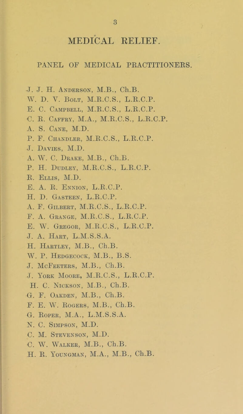 MEDICAL RELIEF. PANEL OF MEDICAL PKACTITIONEKS. J. J. H. Anderson, M.B., Ch.B. W. D. V. Bolt, M.K.C.S., L.K.C.P. E. C. Campbell, M.K.C.S., L.E.C.P. C. E. Caffry, M.A., M.E.C.S., L.E.C.P. A. S. Cane, M.D. P. F. Chandler, M.E.C.S., L.E.C.P. J. Davies, M.D. A. W. C. Drake, M.B., Ch.B. P. H. Dudley, M.E.C.S., L.E.C.P. E. Ellis, M.D. E. A. E. Ennion, L.E.C.P. H. D. Gasteen, L.E.C.P. A. F. Gilbert, M.E.C.S., L.E.C.P. F. A. Grange, M.E.C.S., L.E.C.P. E. W. Gregor, M.E.C.S., L.E.C.P. J. A. Hart, L.M.S.S.A. H. Hartley, M.B., Ch.B. W. P. Hedgecock, M.B., B.S. J. McFeeters, M.B., Ch.B. J. York jMoore, ]\I.E.C.S., L.E.C.P. H. C. Nickson, M.B., Ch.B. G. F. Oakden, M.B., Ch.B. F. E. W. Eogers, M.B., Ch.B. G. Eoper, M.A., L.M.S.S.A. N. C. Simpson, M.D. C. M. Stevenson, M.D. C. W. Walker, M.B., Ch.B. H. E. Youngman, M.A., M.B., Ch.B.