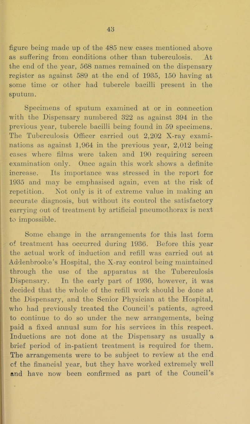 figure being made up of the 485 new cases mentioned above as suffering from conditions other than tuberculosis. At the end of the year, 568 names remained on the dispensary register as against 589 at the end of 1935, 150 having at some time or other had tubercle bacilli present in the sputum. Specimens of sputum examined at or in connection with the Dispensary numbered 322 as against 394 in the previous year, tubercle bacilli being found in 59 specimens. The Tuberculosis Officer carried out 2,202 X-ray exami- nations as against 1,964 in the previous year, 2,012 being cases where films were taken and 190 requiring screen examination only. Once again this work shows a definite increase. Its importance was stressed in the report for 1935 and may be emphasised again, even at the risk of repetition. Xot only is it of extreme value in making an accurate diagnosis, but without its control the satisfactory carrying out of treatment by artificial pneumothorax is next to impossible. Some change in the arrangements for this last form of treatment has occurred during 1936. Before this year the actual work of induction and refill was carried out at Addenbrooke’s Hospital, the X-ray control being maintained through the use of the apparatus at the Tuberculosis Dispensary. In the early part of 1936, however, it was decided that the whole of the refill work should be done at the Dispensary, and the Senior Physician at the Hospital, who had previously treated the Council’s patients, agi'eed to continue to do so under the new arrangements, being paid a fixed annual sum for his services in this respect. Inductions are not done at the Dispensary as usually a brief period of in-patient treatment is required for them. The arrangements were to be subject to review at the end of the financial year, but they have worked extremely well and have now been confirmed as part of the Council’s