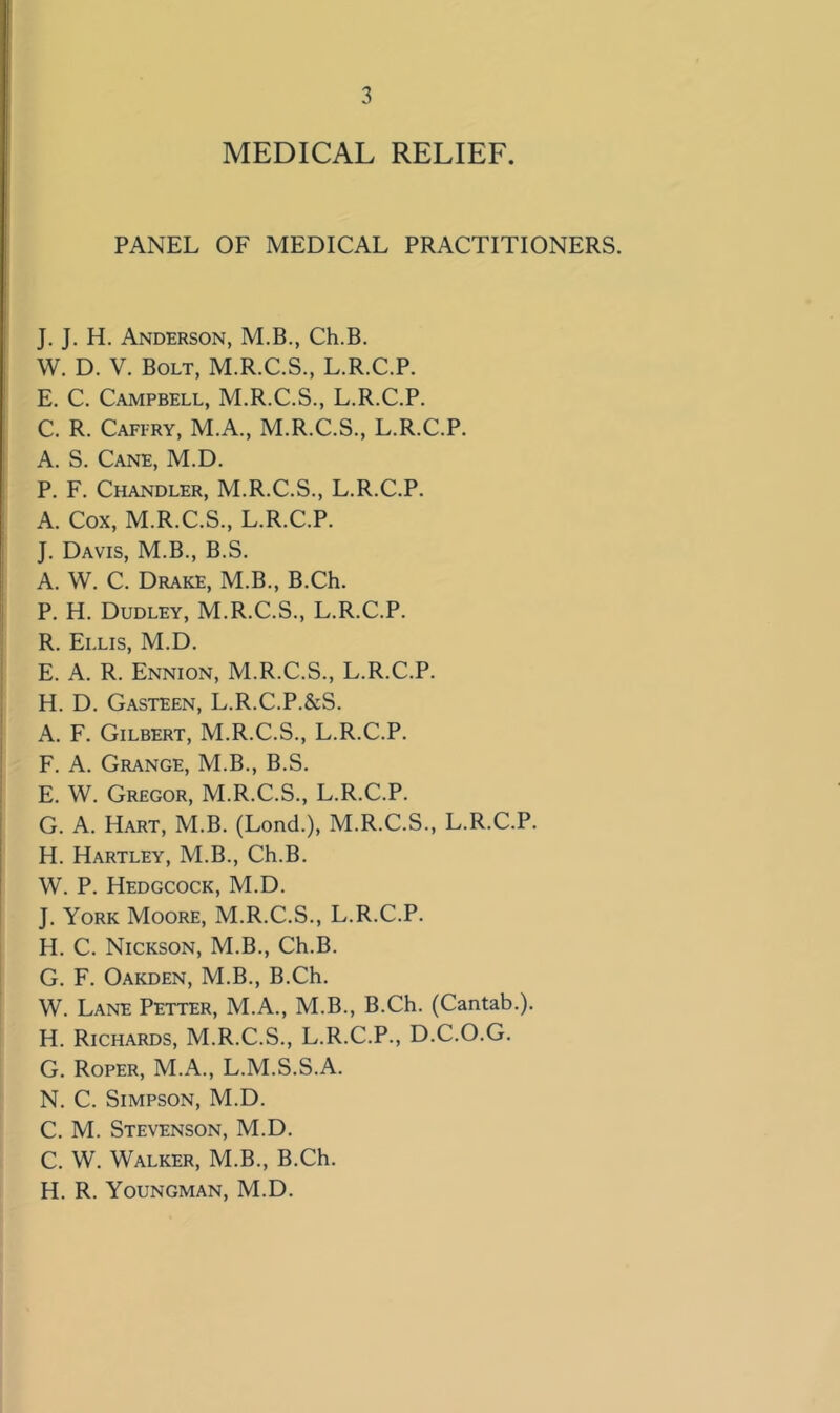 MEDICAL RELIEF. PANEL OF MEDICAL PRACTITIONERS. J. J. H. Anderson, M.B., Ch.B. W. D. V. Bolt, M.R.C.S., L.R.C.P. E. C. Campbell, M.R.C.S., L.R.C.P. C. R. Cafiry, M.A., M.R.C.S., L.R.C.P. A. S. Cane, M.D. P. F. Chandler, M.R.C.S., L.R.C.P. A. Cox, M.R.C.S., L.R.C.P. J. Davis, M.B., B.S. A. W. C. Drake, M.B., B.Ch. P. H. Dudley, M.R.C.S., L.R.C.P. R. Ellis, M.D. E. A. R. Ennion, M.R.C.S., L.R.C.P. H. D. Gasteen, L.R.C.P.&S. A. F. Gilbert, M.R.C.S., L.R.C.P. F. A. Grange, M.B., B.S. E. W. Gregor, M.R.C.S., L.R.C.P. G. A. Hart, M.B. (Lond.), M.R.C.S., L.R.C.P. H. Hartley, M.B., Ch.B. W. P. Hedgcock, M.D. J. York Moore, M.R.C.S., L.R.C.P. H. C. Nickson, M.B., Ch.B. G. F. Oakden, M.B., B.Ch. W. Lane Petter, M.A., M.B., B.Ch. (Cantab.). H. Richards, M.R.C.S., L.R.C.P., D.C.O.G. G. Roper, M.A., L.M.S.S.A. N. C. Simpson, M.D. C. M. Stevenson, M.D. C. W. Walker, M.B., B.Ch. H. R. Youngman, M.D.