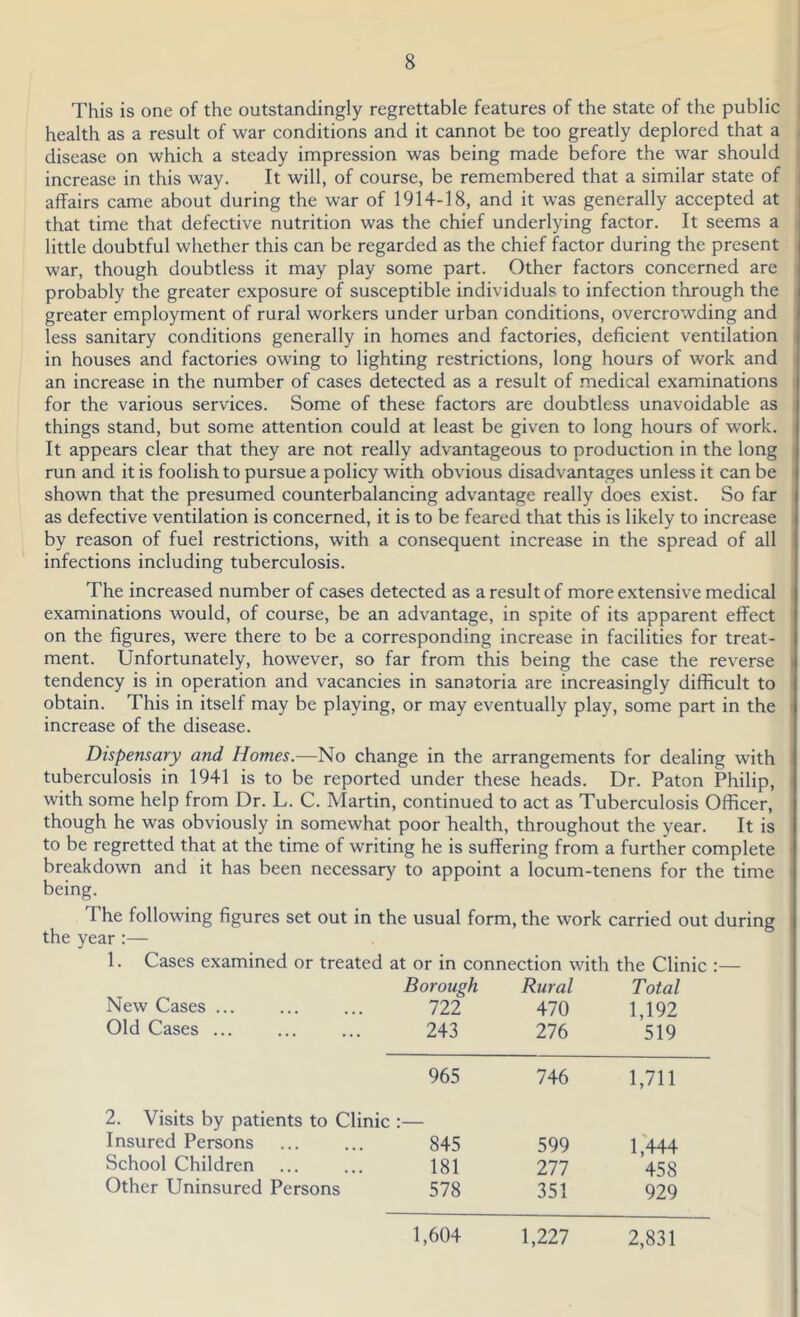 This is one of the outstandingly regrettable features of the state of the public health as a result of war conditions and it cannot be too greatly deplored that a disease on which a steady impression was being made before the war should , increase in this way. It will, of course, be remembered that a similar state of affairs came about during the war of 1914-18, and it was generally accepted at that time that defective nutrition was the chief underlying factor. It seems a little doubtful whether this can be regarded as the chief factor during the present war, though doubtless it may play some part. Other factors concerned are probably the greater exposure of susceptible individuals to infection through the greater employment of rural workers under urban conditions, overcrowding and less sanitary conditions generally in homes and factories, deficient ventilation in houses and factories owing to lighting restrictions, long hours of work and an increase in the number of cases detected as a result of medical examinations for the various services. Some of these factors are doubtless unavoidable as things stand, but some attention could at least be given to long hours of work. It appears clear that they are not really advantageous to production in the long run and it is foolish to pursue a policy with obvious disadvantages unless it can be shown that the presumed counterbalancing advantage really does exist. So far as defective ventilation is concerned, it is to be feared that this is likely to increase by reason of fuel restrictions, with a consequent increase in the spread of all infections including tuberculosis. The increased number of cases detected as a result of more extensive medical examinations would, of course, be an advantage, in spite of its apparent effect on the figures, were there to be a corresponding increase in facilities for treat- ment. Unfortunately, however, so far from this being the case the reverse i tendency is in operation and vacancies in sanatoria are increasingly difficult to obtain. This in itself may be playing, or may eventually play, some part in the ■ increase of the disease. Dispensary and Homes.—No change in the arrangements for dealing with tuberculosis in 1941 is to be reported under these heads. Dr. Paton Philip, with some help from Dr. L. C. Martin, continued to act as Tuberculosis Officer, though he was obviously in somewhat poor health, throughout the year. It is to be regretted that at the time of writing he is suffering from a further complete breakdown and it has been necessary to appoint a locum-tenens for the time being. The following figures set out in the usual form, the work carried out during the year:— 1. Cases examined or treated at or in connection with the Clinic :— Borough Rural Total New Cases ... 722 470 1,192 Old Cases ... 243 276 519 965 746 1,711 2. Visits by patients to Clinic * - Insured Persons 845 599 1,444 School Children 181 111 458 Other Uninsured Persons 578 351 929 1,604 1,227 2,831