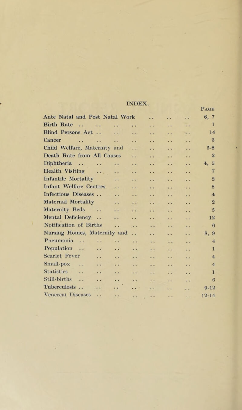 INDEX. Ante Natal and Post Natal Work Birth Rate .. Blind Persons Act .. Cancer Child Welfare, Maternity and Death Rate from All Causes Diphtheria Health Visiting Infantile Mortality Infant Welfare Centres Infectious Diseases .. Maternal Mortality Maternity Beds Mental Deficiency .. Notification of Births Nursing Homes, Maternity and . Pneumonia .. Population Scarlet Fever Small-pox Statistics Still-births Tuberculosis .. .. .. ' Venereal Diseases .. Page 6, 7 1 14 3 5-8 2 4, 5 7 2 8 4 5 12 6 8, 9 4 1 4 4 1 6 9-12 12-14