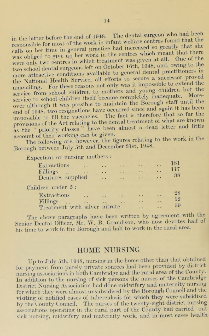 responsible for most of the work in infant welfare centres found that t e calls on her time in general practice had increased so gf^atly that sh^ was obliged to give up her work in the centres the were only two centres in which treatment was given at all. One ol _ two school dental surgeons left on October 16th, 1948, and, owing to the irre aitractTve conditions a^•allable to general dental practitioners m the National Health Service, all efforts to secure a successor pros ed unavailing. For these reasons not only was it impossible to extend t le service from school children to mothers and young children but the service to school children itself became completely inadequate, over although it was possible to maintain the Borough stafi until the end of 1948, two resignations have occurred since and again it has been impossible to fill the vacancies. The fact is theretore that so far the provisions of the Act relating to the dental treatment ol what Icnmv n as the “ priority classes ’ have been almost a dead letter and little account of their working can be given The following are, however, the figures relating to the work in the Borough between .July 5th and December 31st. 1948. Expectant or nursing mothers : Extractions 1«1 Fillings •J C* Dentures supplied Children under 5 : Extractions ‘28 Fillings 5‘2 Treatment with silver nitrate 59 The above jiaragraphs have been written by agreement with the Senior Dental Ollicer, Mr. W. B. Grandison. who now devotes hall of his time to work in the Borough and half to work in the rural area. HOME NURSING Up to .July 5th, 1948, nursing in the home other than that obtained for payment from purely private sources had been provided by district nursing associations in both Cambridge and the rural area of the Counfy. In addition to the nursing of sick persons the nurses of the Cambridge District Nursing Association had done midwdfery and maternity nursing for w'hich they were almost unsulisidised by the IJorough Council and the visiting of notified cases of tuberculosis for which they were subsidised by the County Council. The nurses of the twenty-eight district nursing associations operating in the rural part of the County had carried out sick nursing, michvifery and maternity work, and in most cases health