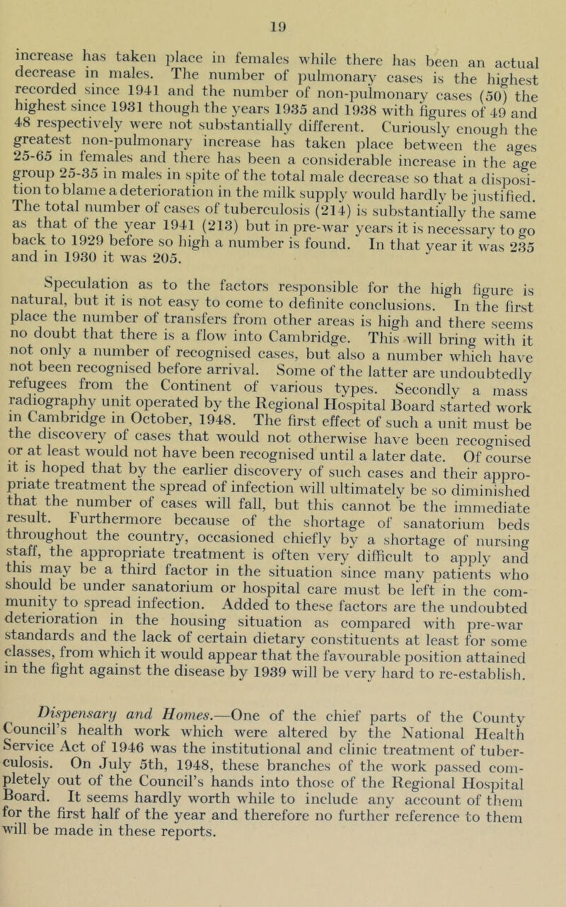 increase has taken place in females while there has been an actual decrease in males. The number of pulmonary cases is the highest recorded since 19-H and the number of non-jmlmonary cases (5ot the highest since 1931 though the years 1935 and 1938 with figures of 49 and 48 respeetively were not substantially different. Curiously enough the greatest non-pulmonary increase has taken jilace between the a^es 25-65 in females and there has been a considerable increase in the age group 25-35 in males in spite of the total male deerease so that a disposi- tion to blame a deterioration in the milk supply would hardly be justified. The total number of cases of tuberculosis (214) is substantially the same as that of the year 1941 (213) but in pre-war years it is necessary to go back to 1929 before so high a number is found. * In that year it was ‘^35 and in 1930 it was 205. Speculation as to the factors responsible for the high figure is natural, but it is not easy to come to definite conclusions. In the first place the number of transfers from other areas is high and there seems no doubt that there is a flow into Cambridge. This will bring with it not only a number of reeognised cases, but also a number which have not been recognised before arrival. Some of the latter are undoubtedly refugees from the Continent of various types. Secondly a mass rachography unit operated by the Regional Hospital Board started work in Cambridge m Oetober, 1948. The first effect of such a unit must be the diseovery of cases that would not otherwise have been reeoo-nised or at least would not have been recognised until a later date. Of course it is hoped that by the earlier discovery of such cases and their aiipro- priate treatment the spread of infection will ultimately be so diminished that the number of cases will fall, but this cannot be the immediate result, furthermore because of the shortage of sanatorium beds throughout the country, occasioned chiefly by a shortage of nursing staff, the appropriate treatment is often very difficult to apjily and this may be a third factor in the situation since many patients who should be under sanatorium or hospital care must be left in the com- munity to spread infection. Added to these faetors are the undoubted deterioration in the housing situation as compared with jire-war standards and the laek of eertain dietary constituents at least for some classes, from which it would ajjpear that the favourable position attained in the fight against the disease by 1939 will be very hard to re-establish. Dispensary and Homes.—One of the chief parts of the Countv' Council’s health work which were altered by the National Health Service Act of 1946 was the institutional and clinic treatment of tuber- culosis. On July 5th, 1948, these branches of the work passed com- pletely out of the Council’s hands into those of the Regional Hospital Board. It seems hardly worth while to include any account of them for the first half of the year and therefore no further reference to them will be made in these reports.