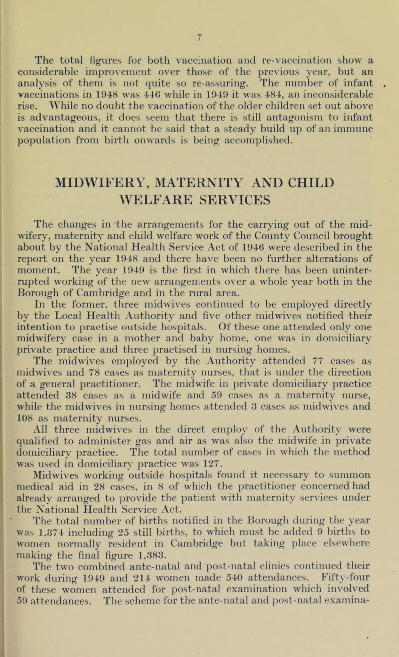 The total figures for both vaccination and re-vaccination show a considerable improvement over those of the previous year, but an analysis of them is not quite so re-assuring. The number of infant vaccinations in 1948 was 446 while in 1949 it was 484, an inconsiderable rise. While no doubt the vaccination of the older children set out above is advantageous, it does seem that there is still antagonism to infant vaccination and it cannot be said that a steady build up of an immune population from birth onwards is being accomplished. MIDWIFERY, MATERNITY AND CHILD WELFARE SERVICES The changes in the arrangements for the carrying out of the mid- wifery, maternity and child welfare work of the County Council brought about by the National Health Service Act of 1946 were described in the report on the year 1948 and there have been no further alterations of moment. The year 1949 is the first in which there has been uninter- rupted working of the new arrangements over a whole year both in the Borough of Cambridge and in the rural area. In the former, three midwives continued to be employed directly by the Local Health Authority and five other midwives notified their intention to practise outside hospitals. Of these one attended only one midwiferv case in a mother and babv home, one was in domiciliary private practice and three practised in nursing homes. The midwives employed by the Authority attended 77 cases as midwives and 78 cases as maternity nurses, that is under the direction of a general practitioner. The midwife in private domiciliary practice attended 38 cases as a midwife and 59 cases as a maternity nurse, while the midwives in nursing homes attended 3 cases as midwives and 108 as maternity nurses. All three midwives in the direct employ of the Authority were qualified to administer gas and air as was also the midwife in private domiciliary practice. The total number of cases in which the method was used in domiciliary practice was 127. Midwives working outside hospitals found it necessary to summon medical aid in 28 cases, in 8 of which the practitioner concerned had already arranged to provide the patient with maternity services under the National Health Service Act. The total number of births notified in the Borough during the year was 1,374 including 25 still births, to which must be added 9 births to women normally resident in Cambridge but taking place elsewhere making the final figure 1,383. The two combined ante-natal and post-natal clinics continued their work during 1949 and 214 women made 540 attendances. Fifty-four of these women attended for post-natal examination which involved 59 attendances. The scheme for the ante-natal and post-natal examina-
