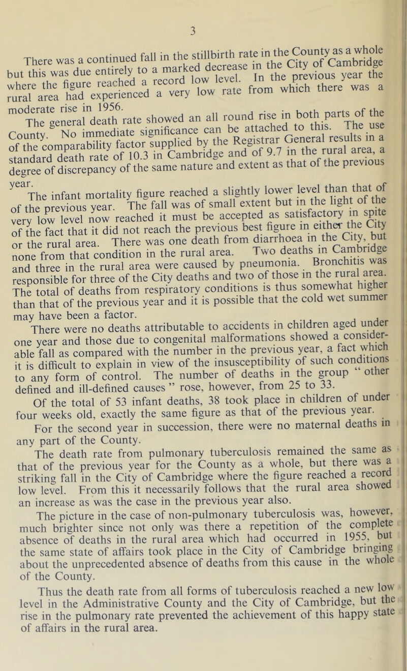 There was a continued fall in the stillbirth rate in thet County as a whole buttowas due entirely to a ™rked decrease m <£ G y rf Gtmbrtdge ntra^area which there was a m°jC|™'renera!ndeath6 rate showed an all round rise in both parts of the degree d^repancy* of the sa “refnd extent as that of the previous The infant mortality figure reached a slightly lower level than that o of the previous year. The fall was of small extent but in the light of the very low level now reached it must be accepted as satisfactory in spite of the fact that it did not reach the previous best figure in either the City or the rural area. There was one death from diarrhoea m the Ctty bu none from that condition in the rural area. Two death* in £a and three in the rural area were caused by pneumonia. Bronchitis was responsible for three of the City deaths and two of those in the^rural The total of deaths from respiratory conditions is thus somewhat hich than that of the previous year and it is possible that the cold wet summer may have been a factor. . , , , There were no deaths attributable to accidents in children aged under one year and those due to congenital malformations showed a consider- able fall as compared with the number in the previous year, a fact which it is difficult to explain in view of the insusceptibility of such conditions to any form of control. The number of deaths in the group other defined and ill-defined causes ” rose, however, from 25 to 33. Of the total of 53 infant deaths, 38 took place in children of under four weeks old, exactly the same figure as that of the previous year. For the second year in succession, there were no maternal deaths in any part of the County. The death rate from pulmonary tuberculosis remained the same as that of the previous year for the County as a whole, but there was a striking fall in the City of Cambridge where the figure reached a record low level. From this it necessarily follows that the rural area showed an increase as was the case in the previous year also. The picture in the case of non-pulmonary tuberculosis was, however, much brighter since not only was there a repetition of the complete absence of deaths in the rural area which had occurred in 1955, but the same state of affairs took place in the City of Cambridge bringing about the unprecedented absence of deaths from this cause in the whole of the County. Thus the death rate from all forms of tuberculosis reached a new lovv level in the Administrative County and the City of Cambridge, but the rise in the pulmonary rate prevented the achievement of this happy state of affairs in the rural area.