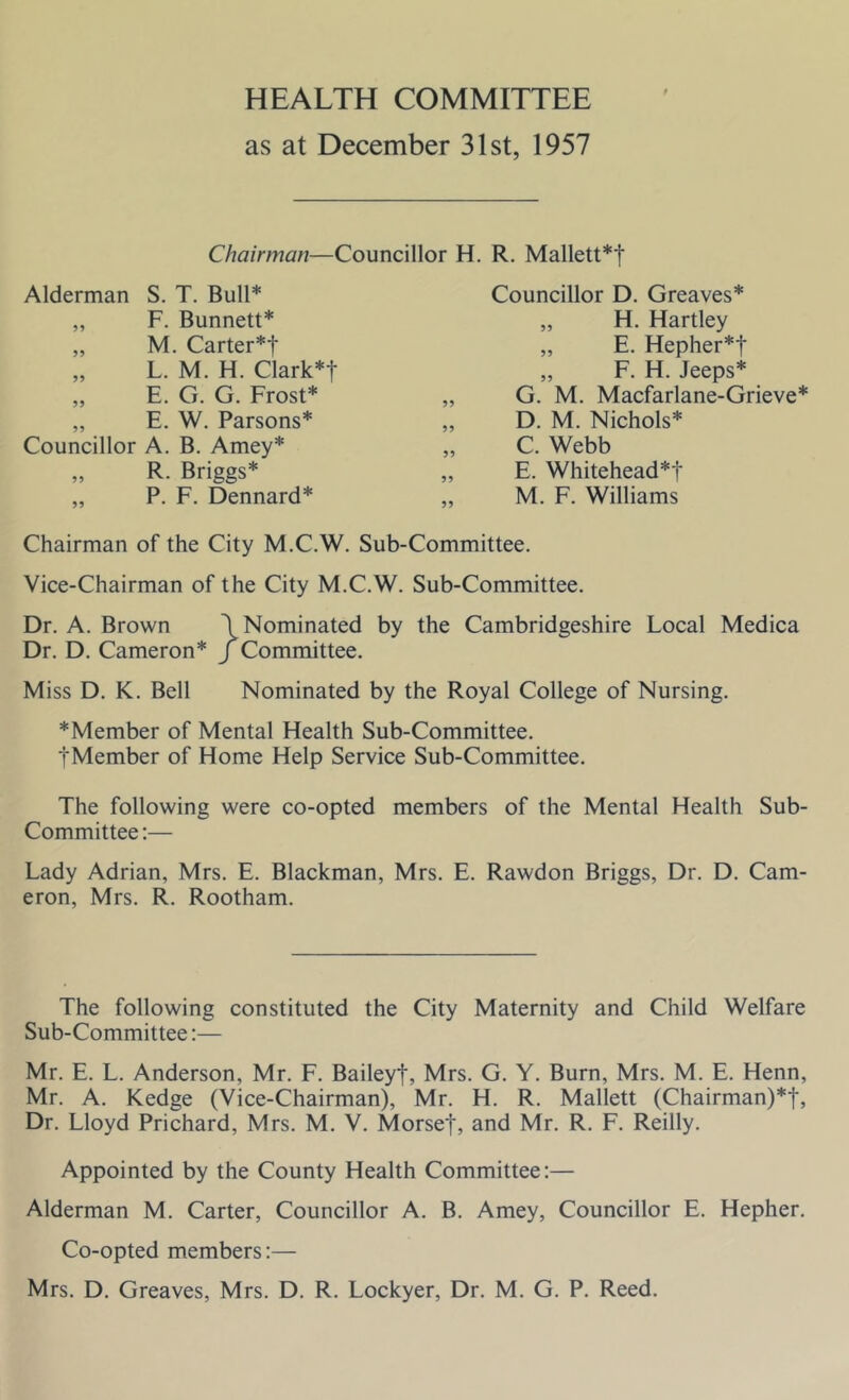 HEALTH COMMITTEE as at December 31st, 1957 Chairman—Councillor H. R. Mallett*! Alderman S. T. Bull* „ F. Bunnett* „ M. Carter*! „ L. M. H. Clark*! „ E. G. G. Frost* „ E. W. Parsons* Councillor A. B. Amey* „ R. Briggs* „ P. F. Dennard* Councillor D. Greaves* „ H. Hartley „ E. Hepher*! „ F. H. Jeeps* G. M. Macfarlane-Grieve* D. M. Nichols* C. Webb E. Whitehead*! M. F. Williams Chairman of the City M.C.W. Sub-Committee. Vice-Chairman of the City M.C.W. Sub-Committee. Dr. A. Brown \ Nominated by the Cambridgeshire Local Medica Dr. D. Cameron* / Committee. Miss D. K. Bell Nominated by the Royal College of Nursing. *Member of Mental Health Sub-Committee. !Member of Home Help Service Sub-Committee. The following were co-opted members of the Mental Health Sub- Committee:— Lady Adrian, Mrs. E. Blackman, Mrs. E. Rawdon Briggs, Dr. D. Cam- eron, Mrs. R. Rootham. The following constituted the City Maternity and Child Welfare Sub-Committee:— Mr. E. L. Anderson, Mr. F. Bailey!, Mrs. G. Y. Burn, Mrs. M. E. Henn, Mr. A. Kedge (Vice-Chairman), Mr. H. R. Mallett (Chairman)*!, Dr. Lloyd Prichard, Mrs. M. V. Morse!, and Mr. R. F. Reilly. Appointed by the County Health Committee:— Alderman M. Carter, Councillor A. B. Amey, Councillor E. Hepher. Co-opted members:—