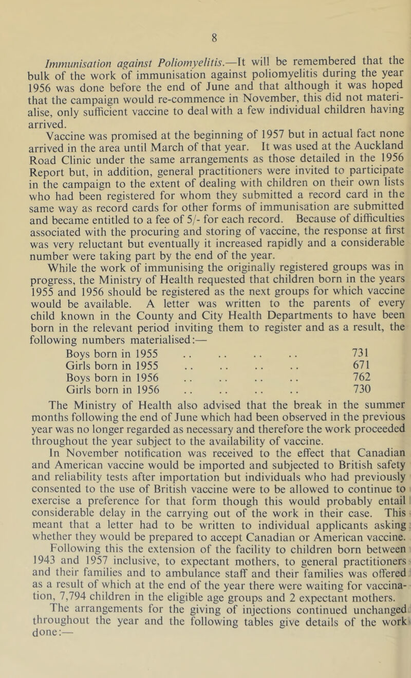 Immunisation against Poliomyelitis.—It will be remembered that the bulk of the work of immunisation against poliomyelitis during the year 1956 was done before the end of June and that although it was hoped that the campaign would re-commence in November, this did not materi- alise, only sufficient vaccine to deal with a few individual children having arrived. Vaccine was promised at the beginning of 1957 but in actual fact none arrived in the area until March of that year. It was used at the Auckland Road Clinic under the same arrangements as those detailed in the 1956 Report but, in addition, general practitioners were invited to participate in the campaign to the extent of dealing with children on their own lists who had been registered for whom they submitted a record card in the same way as record cards for other forms of immunisation are submitted and became entitled to a fee of 5/- for each record. Because of difficulties associated with the procuring and storing of vaccine, the response at first was very reluctant but eventually it increased rapidly and a considerable number were taking part by the end of the year. While the work of immunising the originally registered groups was in progress, the Ministry of Health requested that children born in the years 1955 and 1956 should be registered as the next groups for which vaccine would be available. A letter was written to the parents of every child known in the County and City Health Departments to have been born in the relevant period inviting them to register and as a result, the following numbers materialised:— Boys born in 1955 .. .. .. .. 731 Girls born in 1955 .. .. .. .. 671 Boys born in 1956 .. .. .. .. 762 Girls born in 1956 .. .. .. .. 730 The Ministry of Health also advised that the break in the summer months following the end of June which had been observed in the previous year was no longer regarded as necessary and therefore the work proceeded throughout the year subject to the availability of vaccine. In November notification was received to the effect that Canadian and American vaccine would be imported and subjected to British safety and reliability tests after importation but individuals who had previously consented to the use of British vaccine were to be allowed to continue to exercise a preference for that form though this would probably entail considerable delay in the carrying out of the work in their case. This meant that a letter had to be written to individual applicants asking whether they would be prepared to accept Canadian or American vaccine. Following this the extension of the facility to children born between 1943 and 1957 inclusive, to expectant mothers, to general practitioners and their families and to ambulance staff and their families was offered as a result of which at the end of the year there were waiting for vaccina- tion, 7,794 children in the eligible age groups and 2 expectant mothers. I he arrangements for the giving of injections continued unchanged throughout the year and the following tables give details of the work done:—