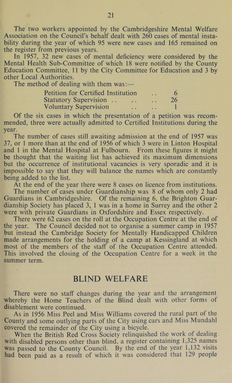 The two workers appointed by the Cambridgeshire Mental Welfare Association on the Council’s behalf dealt with 260 cases of mental insta- bility during the year of which 95 were new cases and 165 remained on the register from previous years. In 1957, 32 new cases of mental deficiency were considered by the Mental Health Sub-Committee of which 18 were notified by the County Education Committee, 11 by the City Committee for Education and 3 by other Local Authorities. The method of dealing with them was:— Petition for Certified Institution .. 6 Statutory Supervision .. .. .. 26 Voluntary Supervision .. .. 1 Of the six cases in which the presentation of a petition was recom- mended, three were actually admitted to Certified Institutions during the year. The number of cases still awaiting admission at the end of 1957 was 37, or 1 more than at the end of 1956 of which 3 were in Linton Hospital and 1 in the Mental Hospital at Fulbourn. From these figures it might be thought that the waiting list has achieved its maximum dimensions but the occurrence of institutional vacancies is very sporadic and it is impossible to say that they will balance the names which are constantly being added to the list. At the end of the year there were 8 cases on licence from institutions. The number of cases under Guardianship was 8 of whom only 2 had Guardians in Cambridgeshire. Of the remaining 6, the Brighton Guar- dianship Society has placed 3, 1 was in a home in Surrey and the other 2 were with private Guardians in Oxfordshire and Essex respectively. There were 62 cases on the roll at the Occupation Centre at the end of the year. The Council decided not to organise a summer camp in 1957 but instead the Cambridge Society for Mentally Handicapped Children made arrangements for the holding of a camp at Kessingland at which most of the members of the staff of the Occupation Centre attended. This involved the closing of the Occupation Centre for a week in the summer term. BLIND WELFARE There were no staff changes during the year and the arrangement whereby the Home Teachers of the Blind dealt with other forms of disablement were continued. As in 1956 Miss Peel and Miss Williams covered the rural part of the County and some outlying parts of the City using cars and Miss Mundahl covered the remainder of the City using a bicycle. When the British Red Cross Society relinquished the work of dealing with disabled persons other than blind, a register containing 1,325 names was passed to the County Council. By the end of the year 1,132 visits had been paid as a result of which it was considered that 129 people