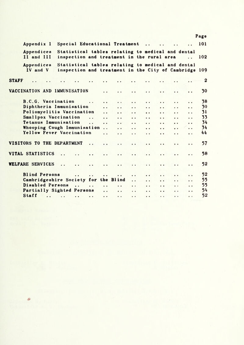Page Appendix I Special Educational Treatnent . . 101 Appendices Statistical tables relating to nedical and dental II and III inspection and treatnent in the rural area .. 102 Appendices Statistical tables relating to medical and dental IV and V inspection and treatment in the City of Cambridge 109 STAFF 2 VACCINATION AND IMMUNISATION 30 B.C.G. Vaccination .. .. .. .. .. .. .. .. 38 Diphtheria Immunisation . . . . . . . . 30 Poliomyelitis Vaccination .. .. .. .. .. .. .. 31 Smallpox Vaccination .. .. .. .. .. 33 Tetanus Immunisation .. .. .. .. .. .. .. .. 34 Whooping Cough Immunisation .. .. .. .. .. .. .. 34 Yellow Fever Vaccination .. .. .. .. .. .. .. 44 VISITORS TO THE DEPARTMENT 57 VITAL STATISTICS 58 WELFARE SERVICES 52 Blind Persons 52 Cambridgeshire Society for the Blind .. .. .. .. 55 Disabled Persons .. .. .. .. .. .. .. .. .. 55 Partially Sighted Persons 54 Staff 52 *