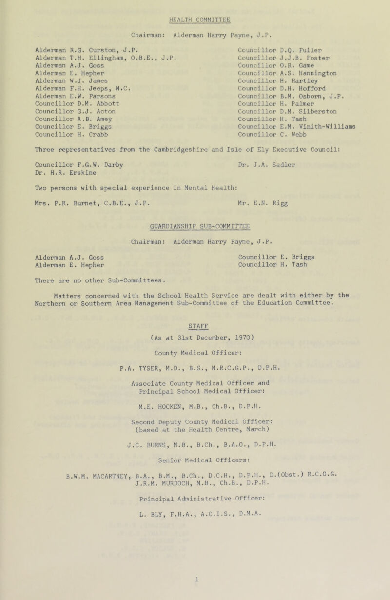 HEALTH COMMITTEE Chairman: Alderman Harry Payne, J.P. Alderman R.G. Curston, J.P. Alderman T.H. Ellingham, O.B.E., J.P. Alderman A.J. Goss Alderman E. Hepher Alderman W.J. James Alderman F.H. Jeeps, M.C. Alderman E.W. Parsons Councillor D.M. Abbott Councillor G.J. Acton Councillor A.B. Amey Councillor E. Briggs Councillor H. Crabb Councillor Councillor Councillor Councillor Councillor Councillor Councillor Councillor Councillor Councillor Councillor Councillor D.Q. Fuller J.J.B. Foster O.R. Game A. S. Hannington H. Hartley D.H. Hofford B. M. Osborn, J.P. H. Palmer D. M. Silberston H. Tash E. M. Vinith-Williams C. Webb Three representatives from the Cambridgeshire and Isle of Ely Executive Council: Councillor F.G.W. Darby Dr. J.A. Sadler Dr. H.R. Erskine Two persons with special experience in Mental Health: Mrs. P.R. Burnet, C.B.E., J.P. Mr. E.N. Rigg GUARDIANSHIP SUB-COMMITTEE Chairman: Alderman Harry Payne, J.P. Alderman A.J. Goss Alderman E. Hepher There are no other Sub-Committees. Matters concerned with the School Health Service are dealt with either by the Northern or Southern Area Management Sub-Committee of the Education Committee. Councillor E. Briggs Councillor H. Tash STAFF (As at 31st December, 1970) County Medical Officer: P.A. TYSER, M.D., B.S., M.R.C.G.P., D.P.H. Associate County Medical Officer and Principal School Medical Officer: M.E. HOCKEN, M.B., Ch.B., D.P.H. Second Deputy County Medical Officer: (based at the Health Centre, March) J.C. BURNS, M.B., B.Ch., B.A.O., D.P.H. Senior Medical Officers: B.W.M. MACARTNEY, B.A., B.M., B.Ch., D.C.H., D.P.H., D.(0bst.) R.C.O.G. J.R.M. MURDOCH, M.B., Ch.B., D.P.H. Principal Administrative Officer: L. BLY, F.H.A., A.C.I.S., D.M.A.