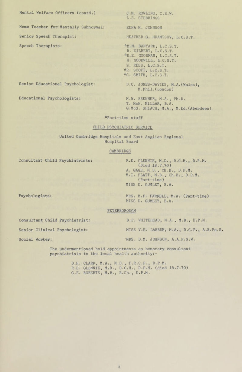 Mental Welfare Officers (contd.) J.M. ROWLING, C.S.W. L.E. STEBBINGS Home Teacher for Mentally Subnormal: EDNA M. JOHNSON Senior Speech Therapist: HEATHER G. HRAMTSOV, L.C.S.T. Speech Therapists: »’‘M.M. BANYARD, L.C.S.T. B. GILBERT, L.C.S.T. »’‘D.E. GOODMAN, L.C.S.T. H. GOODWILL, L.C.S.T. S. REES, L.C.S.T. *R. SCOTT, L.C.S.T. *C. SMITH, L.C.S.T. Senior Educational Psychologist: D.C. JONES-DAVIES, M.A.(Wales), M.Phil.(London) Educational Psychologists: M.W. BRENNER, M.A., Ph.D. T. McN. MILLAR, B.A. G.McG. SHIACH, M.A., M.Ed.(Aberdeen) *Part-time staff CHILD PSYCHIATRIC SERVICE United Cambridge Hospitals and East Anglian Regional Hospital Board CAMBRIDGE Consultant Child Psychiatrists: R.E. GLENNIE, M.D., D.C.H., D.P.M. (Died 18.7.70) A. GAGE, M.B., Ch.B., D.P.M. M^I. PLATT, M.B., Ch.B., D.P.M. (Part-time) MISS D. GUMLEY, B.A. Psychologists: MRS. M.F. FARRELL, M.A. (Part-time) MISS D. GUMLEY, B.A. PETERBOROUGH Consultant Child Psychiatrist: B.F. WHITEHEAD, M.A., M.B., D.P.M. Senior Clinical Psychologist: MISS V.E. LABRUM, M.A., D.C.P., A.B.Ps.S Social Worker: ■MRS. D.M. JOHNSON, A.A.P.S.W. The undermentioned hold appointments as honorary consultant psychiatrists to the local health authority:- D.H..CLARK, M.A., M.D., F.R.C.P., D.P.M. R.E. GLENNIE, M.D., D.C.H., D.P.M. (died 18.7.70) G.E. ROBERTS, M.B., B.Ch., D.P.M.