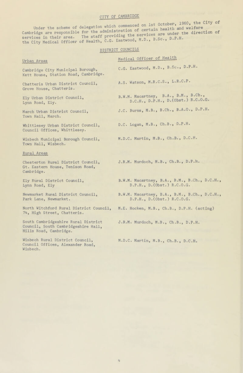 fTTY OF CAMBRIDGE j ^ To-t- r»ri-nhpr. 1960, the City of Under the scheme of delegation which commence ° , health and welfare Cambridge are responsible for the administra ion o , under the direction of serviced in their area. The ataff providing the services are under the City Medical Officer of Health, C.G. Eastwood, H.D., B.Sc., u.i- riTRTRICT COUNCILS Urban Areas Cambridge City Municipal Borough, Kett House, Station Road, Cambridge! Chatteris Urban District Council, Grove House, Chatteris. Ely Urban District Council, Lynn Road, Ely. March Urban District Council, Town Hall, March. Whittlesey Urban District Council, Council Offices, Whittlesey. Medical Officer of Health C. G. Eastwood, M.D., B.Sc., D.P.H. A. S. Watson, M.R.C.S., L.R.C.P. B. W.M. Macartney, B.A., B.M., B.Ch., D.C.H., D.P.H., D.(0bst.) R.C.O.G. J.C. Burns, M.B., B.Ch., B.A.O., D.P.H. D. C. Logan, M.B., Ch.B., D.P.H. Wisbech Municipal Borough Council, M.D.C. Martin, M.B., Ch.B., D.C.H Town Hall, Wisbech. Rural Areas Chesterton Rural District Council, Gt. Eastern House, Tenison Road, Cambridge. Ely Rural District Council, Lynn Road, Ely Newmarket Rural District Council, Park Lane, Newmarket. J.R.M. Murdoch, M.B., Ch.B., D.P.H. B.W.M. Macartney, B.A., B.M., B.Ch., D.C.H., D.P.H., D.(Obst. ) R.C.O.G. B.W.M. Macartney, B.A., B.M., B.Ch., D.C.H., D.P.H., D.(0bst.) R.C.O.G. North Witchford Rural District Council, M.E. Hocken, M.B., Ch.B., D.P.H. (acting) 74, High Street, Chatteris. South Cambridgeshire Rural District J.R.M. Murdoch, M.B., Ch.B., D.P.H. Council, South Cambridgeshire Hall, Hills Road, Cambridge. Wisbech Rural District Council, M.D.C. Martin, M.B., Ch.B., D.C.H. Council Offices, Alexander Road, Wisbech.