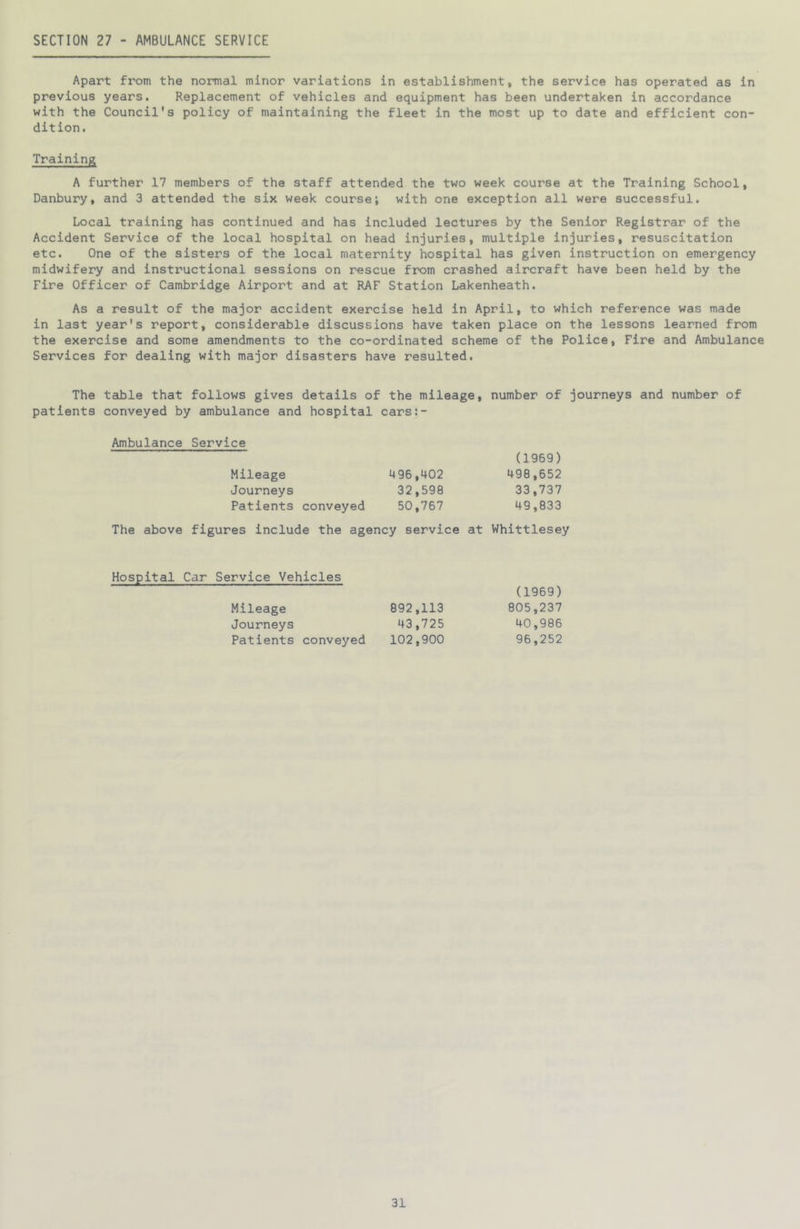 SECTION 27 - AMBULANCE SERVICE Apart from the normal minor variations in establishment, the service has operated as in previous years. Replacement of vehicles and equipment has been undertaken in accordance with the Council's policy of maintaining the fleet in the most up to date and efficient con- dition. Training A further 17 members of the staff attended the two week course at the Training School, Danbury, and 3 attended the six week course; with one exception all were successful. Local training has continued and has included lectures by the Senior Registrar of the Accident Service of the local hospital on head injuries, multiple injuries, resuscitation etc. One of the sisters of the local maternity hospital has given instruction on emergency midwifery and Instructional sessions on rescue from crashed aircraft have been held by the Fire Officer of Cambridge Airport and at RAF Station Lakenheath. As a result of the major accident exercise held in April, to which reference was made in last year's report, considerable discussions have taken place on the lessons learned from the exercise and some amendments to the co-ordinated scheme of the Police, Fire and Ambulance Services for dealing with major disasters have resulted. The table that follows gives details of the mileage, number of journeys and number of patients conveyed by ambulance and hospital cars:- Ambulance Service Mileage 496,402 Journeys 32,598 Patients conveyed 50,767 (1969) 498,652 33,737 49,833 The above figures include the agency service at Whittlesey Hospital Car Service Vehicles Mileage 892,113 Journeys 43,725 Patients conveyed 102,900 (1969) 805,237 40,986 96,252