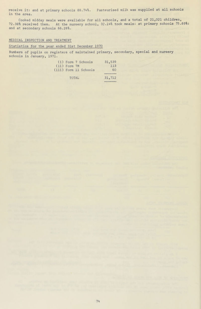 receive it: and at primary schools 88.74%. Pasteurised milk was supplied at all schools in the area. Cooked midday meals were available for all schools, and a total of 21,021 children, 72.38% received them. At the nursery school, 32.14% took meals: at primary schools 75.69%: and at secondary schools 66.28%. MEDICAL INSPECTION AND TREATMENT Statistics for the year ended 31st Deceiriber 1970 Numbers of pupils on registei's of maintained primary, secondary, special and nursery schools in January, 1971. (i) Form 7 Schools (ii) Form 7M (iii) Form 11 Schools 31,539 113 60 TOTAL 31,712