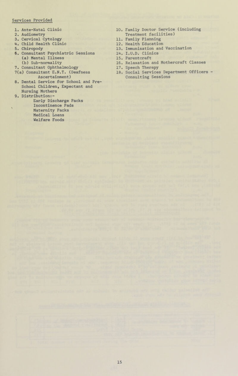 Services Provided 1. Ante-Natal Clinic 2. Audiometry 3. Cervical Cytology 4. Child Health Clinic 5. Chiropody 6. Consultant Psychiatric Sessions (a) Mental Illness (b) Sub-normality 7. Consultant Ophthalmology 7(a) Consultant E.N.T. (Deafness Ascertainment) 8. Dental Service for School and Pre- School Children, Expectant and Nursing Mothers 9. Distribution:- Early Discharge Packs Incontinence Pads Maternity Packs Medical Loans Welfare Foods 10. Family Doctor Service (including Treatment facilities) 11. Family Planning 12. Health Education 13. Immunisation and Vaccination 14. I.U.D. Clinics 15. Parentcraft 16. Relaxation and Mothercraft Classes 17. Speech Therapy 18. Social Services Department Officers Consulting Sessions