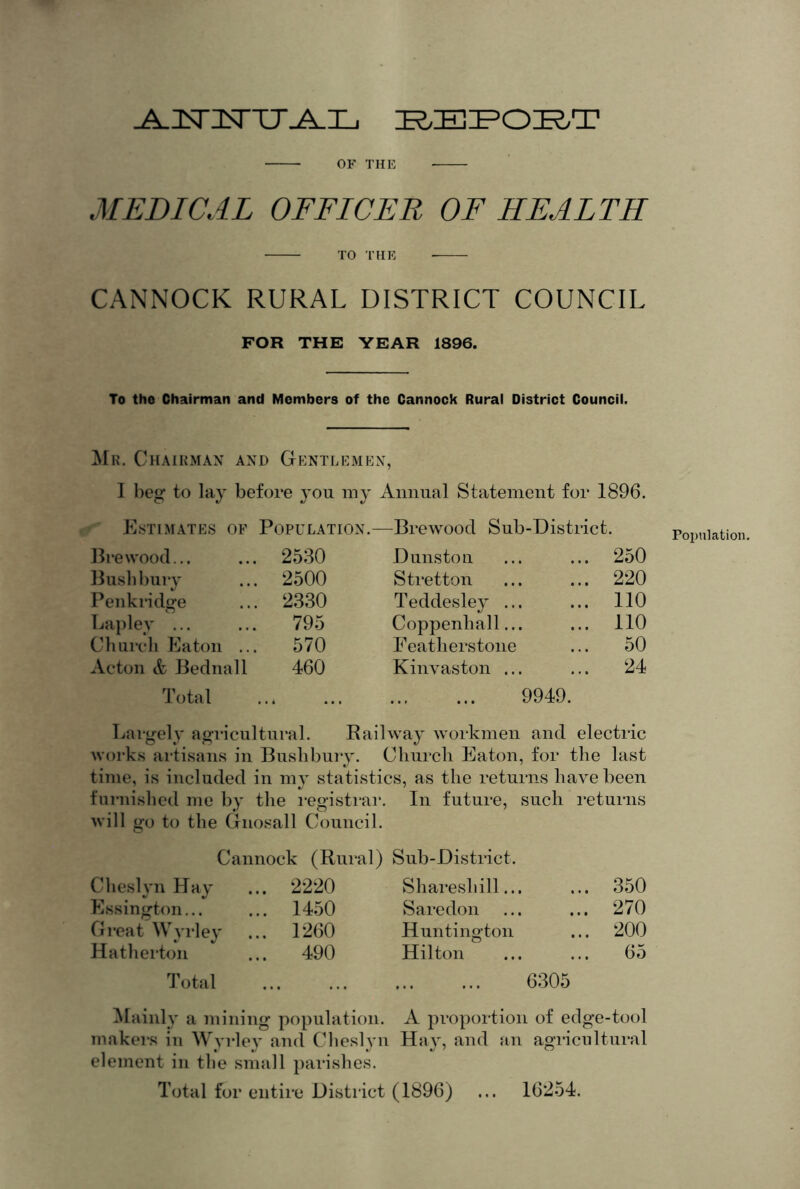 JLnsnsTTJ^iL. OF THE MEDICAL OFFICER OF HEALTH TO THE CANNOCK RURAL DISTRICT COUNCIL FOR THE YEAR 1896. To the Chairman and Members of the Cannock Rural District Council. Mr. Chairman and Gentlemen, I beg to lay before you my Annual Statement for 1896. Estimates of Population.—Brewoocl Sub-District. Brewood... 2530 Dunston ... 250 Busbbury 2500 Stretton ... 220 Penkridge 2330 Teddesley ... ... 110 Lajiley ... 795 Coppenhall... ... 110 Church Eaton ... 570 Eeatherstone ... 50 Acton & Bednall 460 Kinvaston ... ... 24 Total 9949. Largely agricultural. Railway workmen and electric works artisans in Busbbury. Cliurcli Eaton, for the last time, is included in mj statistics, as the returns have been furnished me by the i*egistrar. In future, such returns will go to the Gnosall Council. Cannock (Rural) Sub-District. Cheslyn Hay ... 2*2*20 Shareshill... 350 Essington... ... 14.50 Saredon 270 Great Wyrley ... 1260 Huntington 200 Hatherton ... 490 Hilton 65 Total 6305 Mainly a mining population. A proportion of edge-tool makers in Wyrley and Cbeslyn Ha^', and an agricultural element in the small parishes. Total for entire District (1896) ... 16*254. Population.