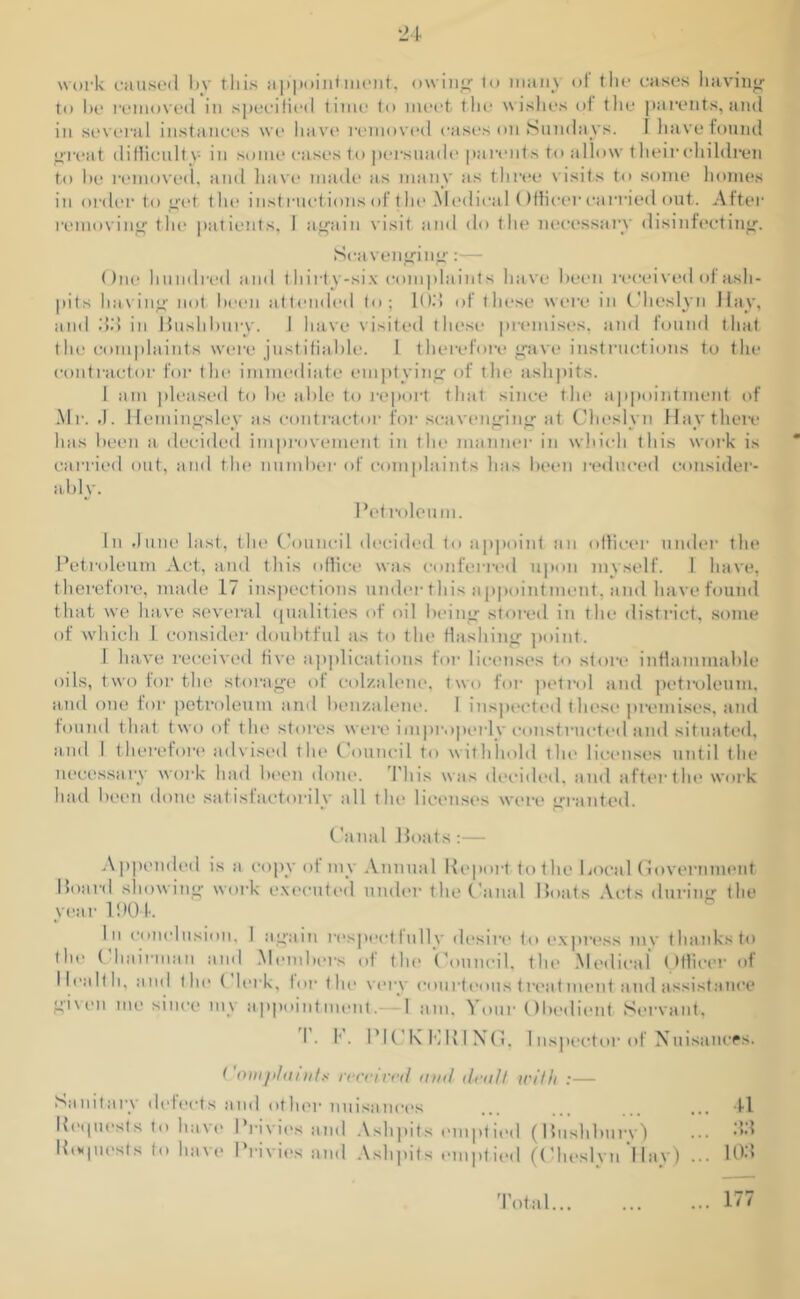 work caused by this appointment, owing1 to many of the cases having to be removed in specified time to meet the wishes of the parents, and in several instances we have removed cases on Sundays. I have found great difficult v in some cases to persuade parents to allow t heir children to lie removed, and have made as many as three visits to some homes in order to get the instructions of the Medical Officer carried out. After removing the patients, I again visit and do the necessary disinfecting. Scavenging:— One hundred and thirty-six complaints have been received of ash- pits having not been attended to; 10.'! of these were in Cheslyn Hay, and .')!! in Hushlmry. 1 have visited these premises, and found that the complaints were justifiable. 1 therefore gave instructions to the contractor for the immediate emptying of the ashpits. 1 am pleased to be able to report that since the appointment of .Mr. J. Hemingsley as contractor for scavenging at Cheslyn Hay there has been a decided improvement in the manner in which this work is carried out, and the number of complaints has been reduced consider- ably. Petroleum. In dune last, the Council decided to appoint an officer under the Petroleum Act, and this office was conferred upon myself. 1 have, therefore, made 17 inspections under this appointment, and have found that we have several qualities of oil being stored in the district, some of which I consider doubtful as to the flashing point. 1 have received five applications for licenses to store inflammable oils, two for the storage of colzalene, t wo for petrol and petroleum, and one for petroleum and benzalene. I inspected these premises, and found that two of the stores were improperly constructed and situated, and I therefore advised the Council to withhold the licenses until the necessary work had been done. This was decided, and after the work had been done satisfactorily all the licenses were granted. Canal Boats:— Appended is a copy of my Annual Report to the Local Government Board showing work executed under the Canal Boats Acts during the year 1904. In conclusion, I again respectfully desire to express niv thanks to the C hairman and Members ot the Council, the Medical Officer of Health, and the ( lerk, tor the very courteous treatment and assistance gi\en me since my appointment.— 1 am. Your Obedient Servant, I - I- PICK HR I NG. I nspector of Nuisances. ( omjilaint* received ovd droit with :— Sanitary defects and other nuisances ... ... 41 Requests to have* Privies and Ashpits emptied (Bushburv) ••• ’’d Requests to have Privies and Ashpits emptied (Cheslyn Hay) ... 103 Total... ... 177