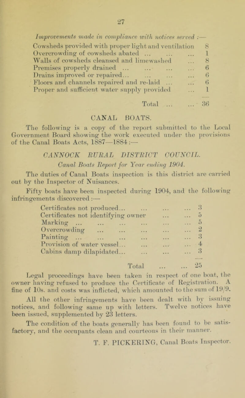 Improvements made in compliance vrith notices served :— Cowsheds provided with proper light and ventilation 8 Overcrowding of cowsheds abated ... ... ... 1 Walls of cowsheds cleansed and limewashcd ... 8 Premises properly drained ... ... ... ... 6 Drains improved or repaired... ... ... ... 6 Floors and channels repaired and re-laid ... ... 0 Proper and sufficient water supply provided ... I Total 36 CANAL BOATS. The following is a copy of the report submitted to the Local Government Board showing the work executed under the provisions of the Canal Boats Acts, 1887—1884:— CANNOCK RURAL DISTRICT COUNCIL. Canal Boats Report for Year ending 1904. The duties of Canal Boats inspection is this district are carried out by the Inspector of Nuisances. Fifty boats have been inspected during 1904, and the following infringements discovered:— Certificates not produced... ... ... ... 3 Certificates not identifying owner ... ... 5 Marking ... ... ... ... ... ... 5 Overcrowding ... ... ... ... ... 2 Painting ... ... ... ... ... ... 3 Provision of water vessel... ... ... ... 4 Cabins damp dilapidated... ... ... ... 3 Total 25 Legal proceedings have been taken in respect of one boat, the owner having refused to produce the Certificate of Registration. A tine of 10s. find costs was inflicted, which amounted to the sura of 19 9. All the other infringements have been dealt with bv issuing notices, and following same up with letters. Twelve notices have been issued, supplemented by 23 letters. The condition of the boats generally has been found to be satis- factory, and the occupants clean and courteous in their manner. T. F. PICKERING, Canal Boats Inspector.