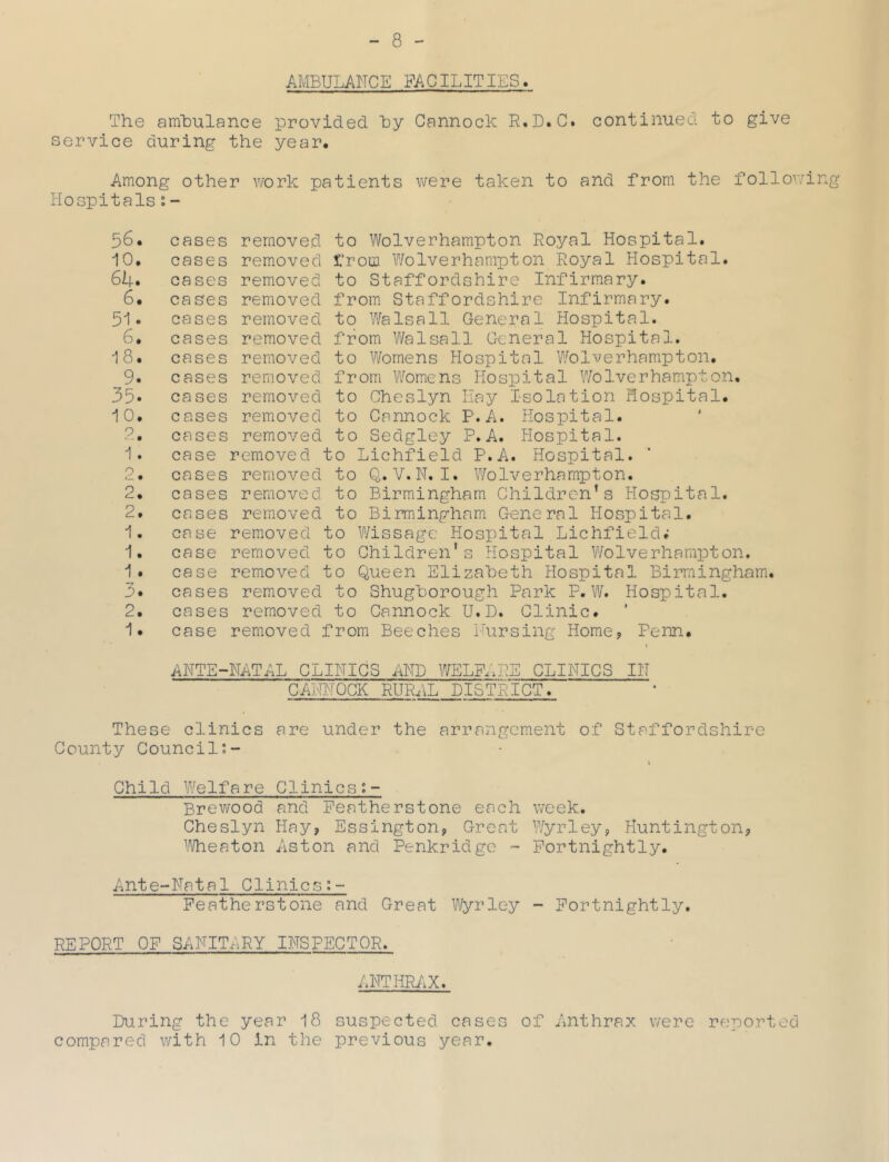 AMBULANCE FACILITIES. The ambulance provided by Cannock R.D.C. continued to give service during the year. Among other work patients were taken to and from the following Hospitals : - 56, cases removed to Wolverhampton Royal Hospital. 10, cases removed from Wolverhampton Royal Hospital. 64. cases removed to Staffordshire Infirmary. 6. cases removed from Staffordshire Infirmary. 51* cases removed to Walsall General Hospital. 6. cases removed from Walsall General Hospital. 18. cases removed to Womens Hospital Wolverhampton, 9. cases removed from Womens Hospital Wolverhampton. 35- cases removed to Cheslyn Hay Isolation Hospital. 10. cases removed to Cannock P.A. Hospital. 2. cases removed to Sedgle.y P.A. Hospital. 1. case removed to Lichfield P.A. Hospital. 2. cases removed to Q. V.N. I. Wolverhampton. 2. cases removed to Birmingham Children’s Hospital. 2. cases removed to Birmingham General Hospital. 1. case removed to Wissage Hospital Lichfield; 1. case removed to Children’s Hospital Wolverhampton. 1. case removed to Queen Elizabeth Hospital Birmingham. 3* cases removed to Shugborough Park P.W. Hospital. 2. cases removed to Cannock U.D. Clinic. 1* case removed from Beeches Nursing Home? Penn. » ANTE-NATAL CLINICS AND WELFARE CLINICS IN CANNOCK RURAL DISTRICT. These clinics are under the arrangement of Staffordshire County Council;- Child Welfare Clinics0. - Brewood and Featherstone each week. Cheslyn Hay? Essington, Great Wyrley, Huntington? Wheaton Aston and Penkridge - Fortnightly. Ante-Natal Clinics Featherstone and Great Wyrley - Fortnightly. REPORT OF SANITARY INSPECTOR. ANTHRAX. During the year 18 suspected cases of Anthrax were reported compared with 10 in the previous year.