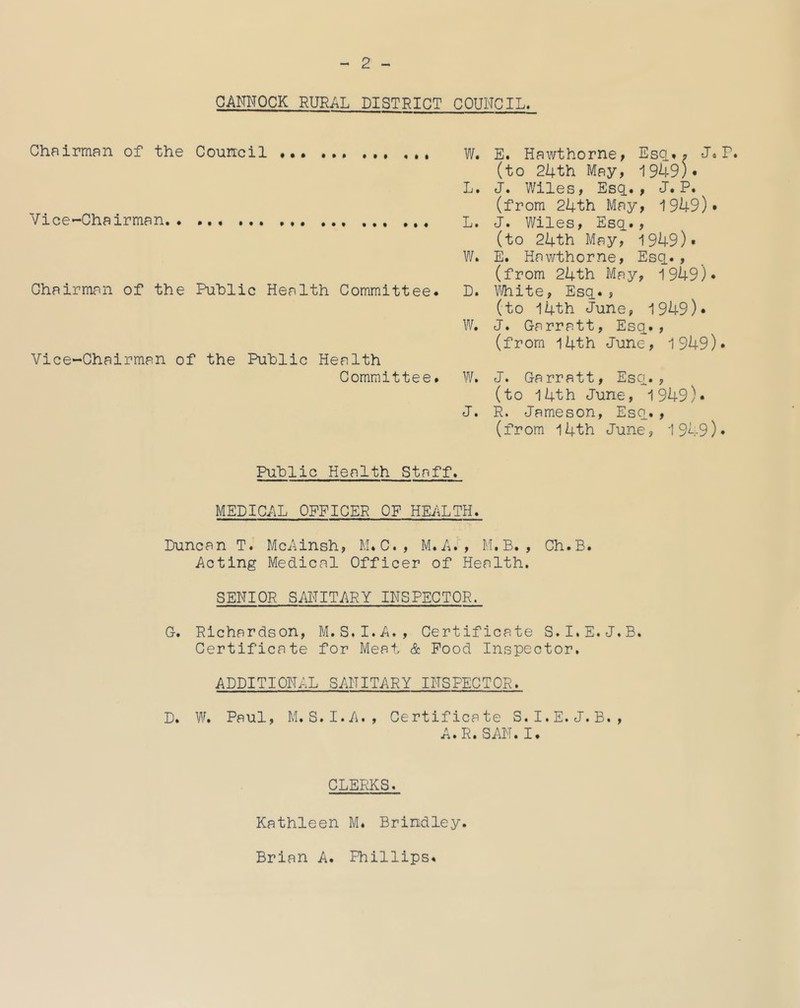 -2- CANNOCK RURAL DISTRICT COUNCIL. Chairman of the Council W. L. Vice-Chairman L. W. Chairman of the Public Health Committee. D. W. Vice-Chairman of the Public Health Committee. W. J. Public Health Staff. MEDICAL OPFICEP OF HEALTH. Duncan T. McAinsh? M.C., M.A., M. B. , Ch.B. Acting Medical Officer of Health. SENIOR SANITARY INSPECTOR. G. Richardson, M.S.I.A., Certificate S.I.E.J.B. Certificate for Meat & Pood Inspector. ADDITIONAL SANITARY INSPECTOR. D. W. Paul, M. S.I.A., Certificate S.I.E.J.B., A.R.SAN.I. E. Hawthorne > Esq.. ^ J. P. (to 24th May, •1949)* J. Wiles, Esq.., J. P. (from 24th May, 1949)* J. Wiles, Esq.., (to 24th May, 1949)* E. Hawthorne, Esq.. , (from 24th May, 1949)* White, Esq.. , (to l4th June, i949)« J. Garratt, Esq., (from l4th June, 1949). J. Garratt, Esq., (to 14th June, 1949). R. Jameson, Esq. , (from 14th June, 1949)• CLERKS. Kathleen M. Brindley Brian A. Phillips.