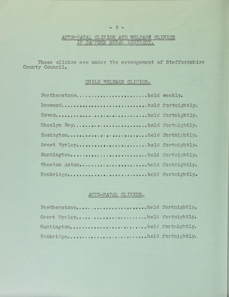 ANTE-ITATAL GLBTICS AND ^/IfELFARE CLINICS IN CA'NWK RURAL DISTRICT. These clinics are under the arrangement of Staffordshire County Council. CHILD WELFARE CLINICS. Featherstone held I Brewood held Coven. held Chesl.yn Hay held V EsSington. .held Great Wyrley, held Huntington held w/heaton Aston held Penkridge. held weekly. fortnightly. fortnightly. fortnightly. fortnightly. fortnightly. fortnightly. fortnightly. fortnightly. ANTE-NATAL CLINICS. Featherstone Great Wyrley Huntington, . Penkridge,. . held fortnightly, held fortnightly, held fortnightly, held fortnightly.
