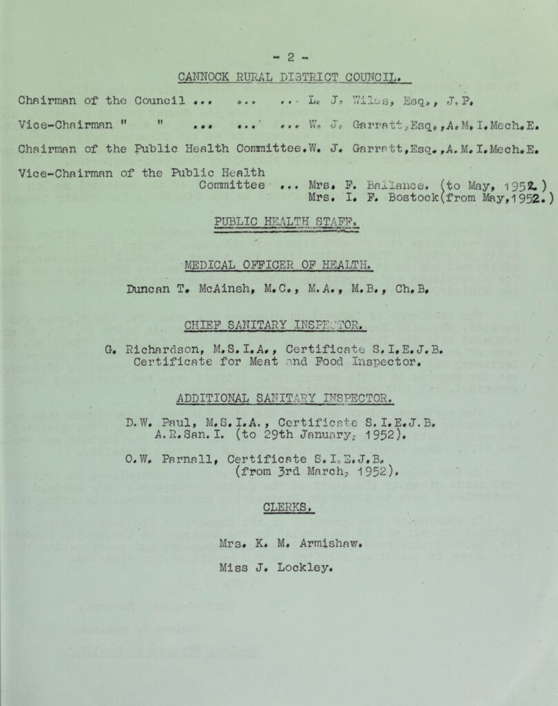 CANNOCK RURAL DI3TRICT COUNCIL* Chairman of the Council - Lc J Vice-Chairman ” ” , e \V<» d\ Garratt^Esq.# j Chairman of the Public Health Committee#W# J* Garratt,Esq* , \ Vice-Chairman of the Public Health Committee- •.« Mrs# P. Ballance. ( Mrs# I# P# Bostocki PUBLIC HEALTH BTAPP# . P4EDICAL OPFICER OF HEALTH# Duncan T» McAinsh, M.C#, M.A#, M#B#, Ch#B# CHIEF SANITARY INSPLOTOP# G# Richardson, M#S#I.A#, Certificate S#I#E#J#B# Certificate for Meat and Pood Inspector. ADDITIONAL SANITARY INSPECTOR# D.W# Paul, M#8#I#A. , Certificate S. I#E#J.B# A.R.San. I. (to 29th Januar3^; 1952)* O.W# Parnall, Certificate S.I.E.J.B. (from 3i’d March? 1952). CLERKS. Mrs# K# M. Armishaw# Miss J# Lockley. J. P. A« M# I# MechoE# A. M# I#Meoh#E# to lAay, 1952. ) from May, 1 952#)