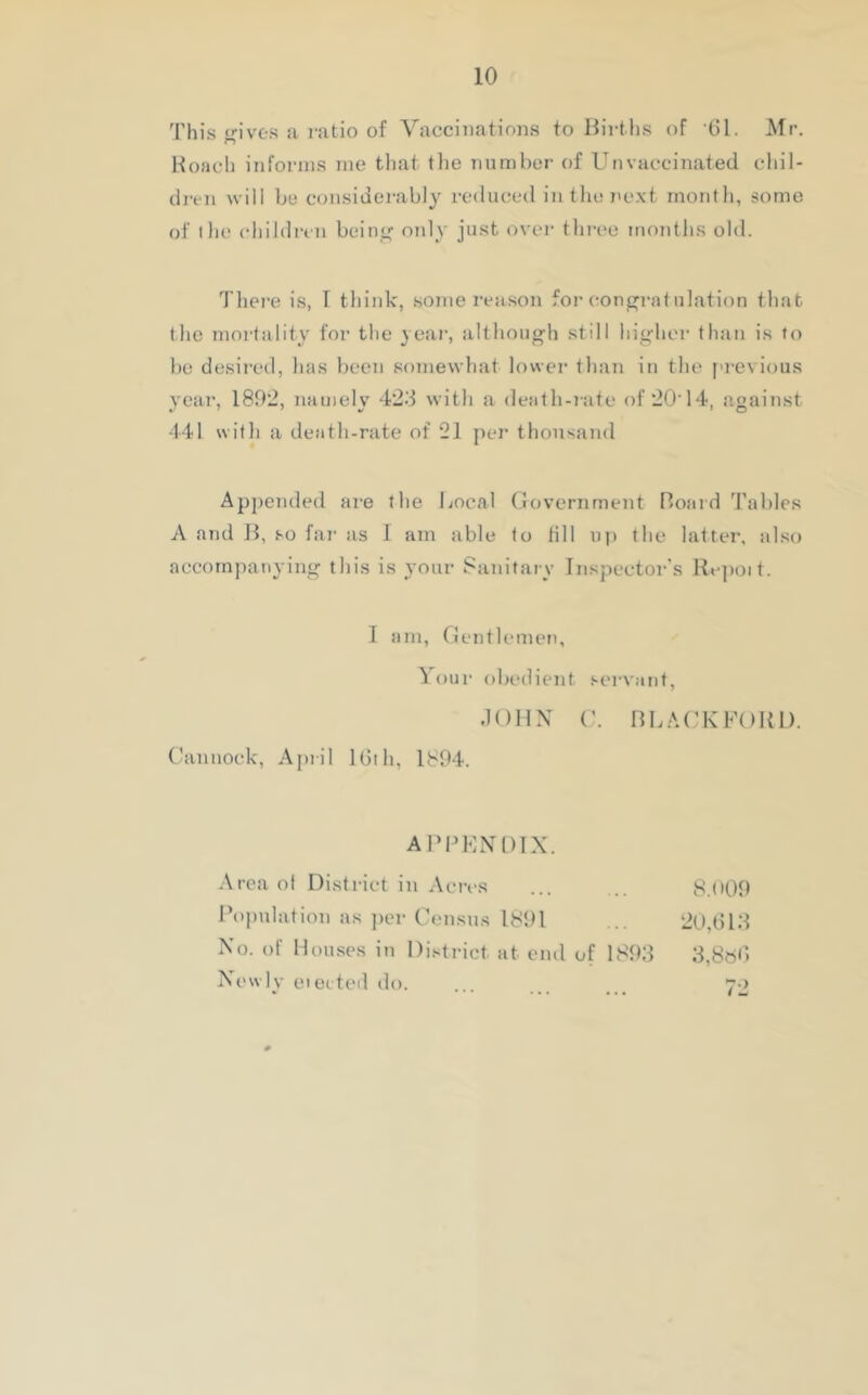 This f^ivcs ii ratio of Vaccinations to Bii-ths of Gl. Mr. Hoacli informs me that tlie number of Unvaccinated cliil- dren will be considerably reduced in the next montli, some of the children bein,<^ only just over three months old. There is, T think, some reason for conp;rat illation that the mortality for the year, althoug'h still higher than is fo be desired, has been somewhat lower than in the previous year, 1892, nauiely 423 with a death-rate of 20'14, against 441 with a death-rate of 21 per thousand Appended are the Local (Government Board Tables A and B, so far as 1 am able to till up the latter, also accompanying this is your Sanitary Inspector's Rejioit. I am. Gentlemen, Your obedient servant, dOHN BLA(R\'F()K1). C'anuock, April IGih, 1894. ABPKXDIX. Area ot District in Acres Boimlation as per Census 1891 No. of Homses in District at end of 1893 Newlv elected do. 8.(»09 20,G13 3,8t5G
