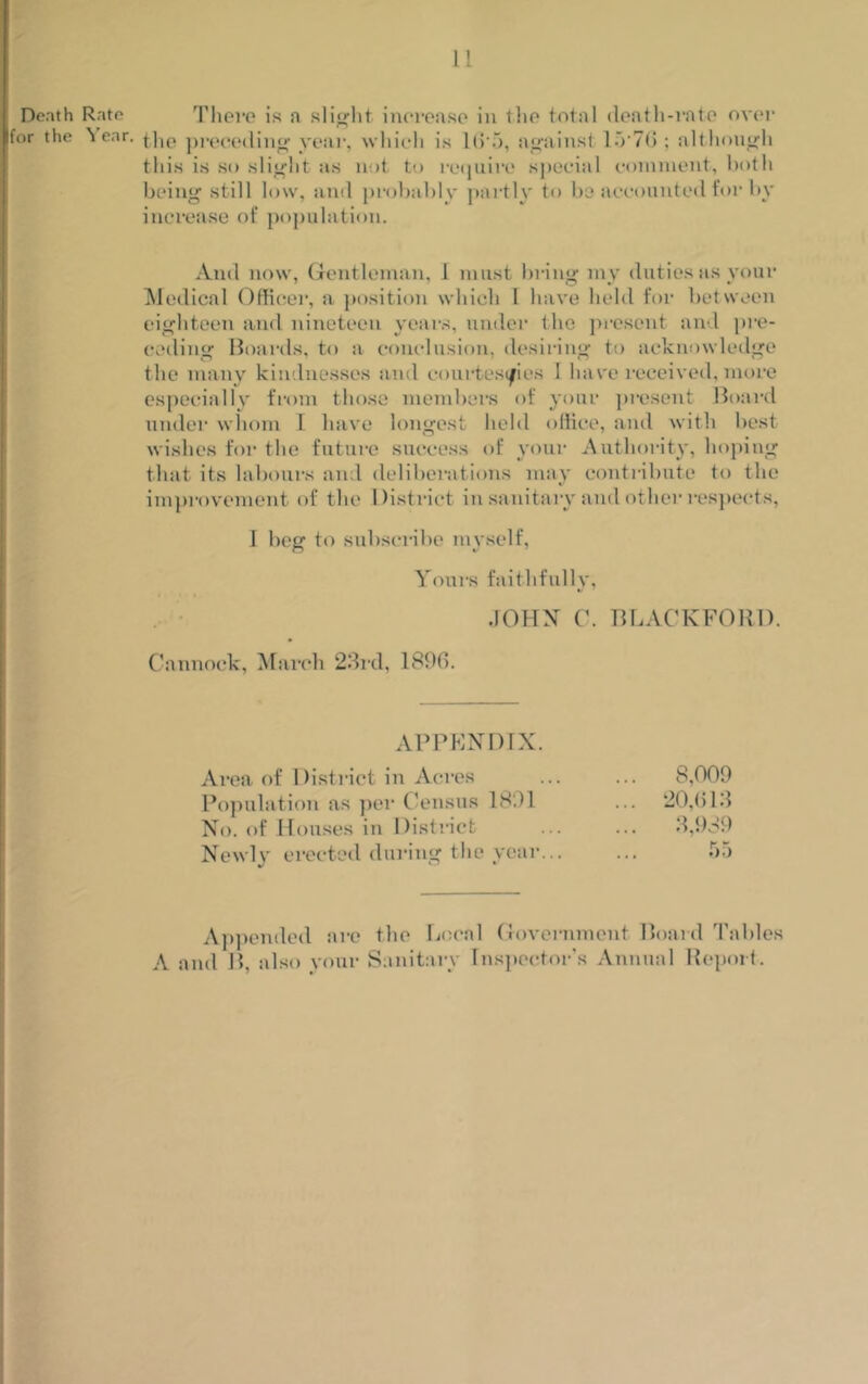 Death Rate for the Year. There is a slight increase in the total death-rate over the preceding year, which is l(>*5, against 1-V76; although this is so slight as not to require special comment, both being still low, and probably partly to ba accounted for by increase of population. And now, Gentleman, I must bring my duties as your Medical Officer, a position which l have held for between eighteen and nineteen years, under the present and pre- ceding Boards, to a conclusion, desiring to acknowledge the many kindnesses and courtesies I have received, more especially from those members of your present Board under whom I have longest held office, and with best wishes for the future success of your Authority, hoping that its labours and deliberations may contribute to the improvement of the District in sanitary and other respects, I beg to subscribe myself, Yours faithfully, JOHN C. BLACKFORD. Cannock, March 23rd, 1806. APPENDIX. Area of Distinct in Acres Population as per Census 1801 No. of Houses in District Newly erected during the year... 8,000 20,613 3,939 Appended are the Local Government Board Tables A and B, also your Sanitary Inspector's Annual Report.