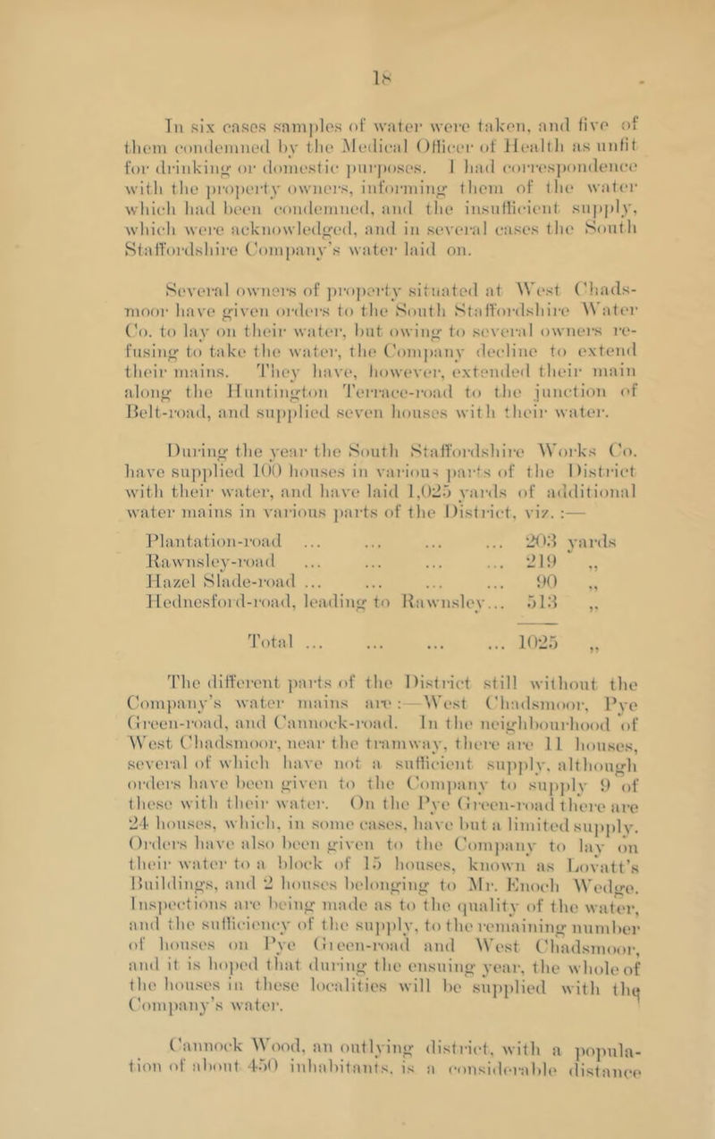 In six cases samples of water were taken, and five of them condemned bv the Medical Ofiicer of Health as unfit for drinking or domestic purposes. 1 had correspondence with the property owners, informing them of the water which had been condemned, and the insufficient supply, which were acknowledged, and in several cases the South Staffordshire Company’s water laid on. Several owners of property situated at West Chads- moor have given orders to the South Staffordshire Water Co. to lay on their water, hut owing to several owners re- fusing to take the water, the Company decline to extend their mains. They have, however, extended their main along the Huntington Terrace-road to the junction of Belt-road, and supplied seven houses with their water. During the year the South Staffordshire Works Co. have supplied 100 houses in various parts of the District with their water, and have laid 1,025 yards of additional water mains in various parts of the District, vi/. Plantation-road ... ... ... ... 203 yards Rawnsley-road ... ... ... ... 219 ,, Hazel Slade-road ... ... ... ... 90 ,, Hednesfoi d-road, leading to Rawnslcy... 513 Total 1025 The different parts of the District sfil! without the Company’s water mains an?:- West Chadsmoor, Pye Green-road, and Cannock-mad. In the neighbourhood of West Chadsmoor, near the tramway, there are 1 1 houses, several of which have not a sufficient supply, although orders have been given to the Company to supply 9 of ihesc with their water. On the Pye Green-road there are 24 houses, which, in some cases, have but a limited supply. Orders have also been given to the Company to lav on their water to a block of 15 houses, known as Lovatt’s Buildings, and 2 houses belonging to Mr. Enoch Wedge. Inspections are being made as to the quality of the water, and the sufficiency of the supply, to the remaining number of houses on Pye Green-road and West Chadsmoor, and it is hoped that during the ensuing year, the whole of the houses in these localities will be supplied with the Company’s water. Cannock Wood, an outlying district, with a popula- tion of about 450 inhabitants, is a considerable distance